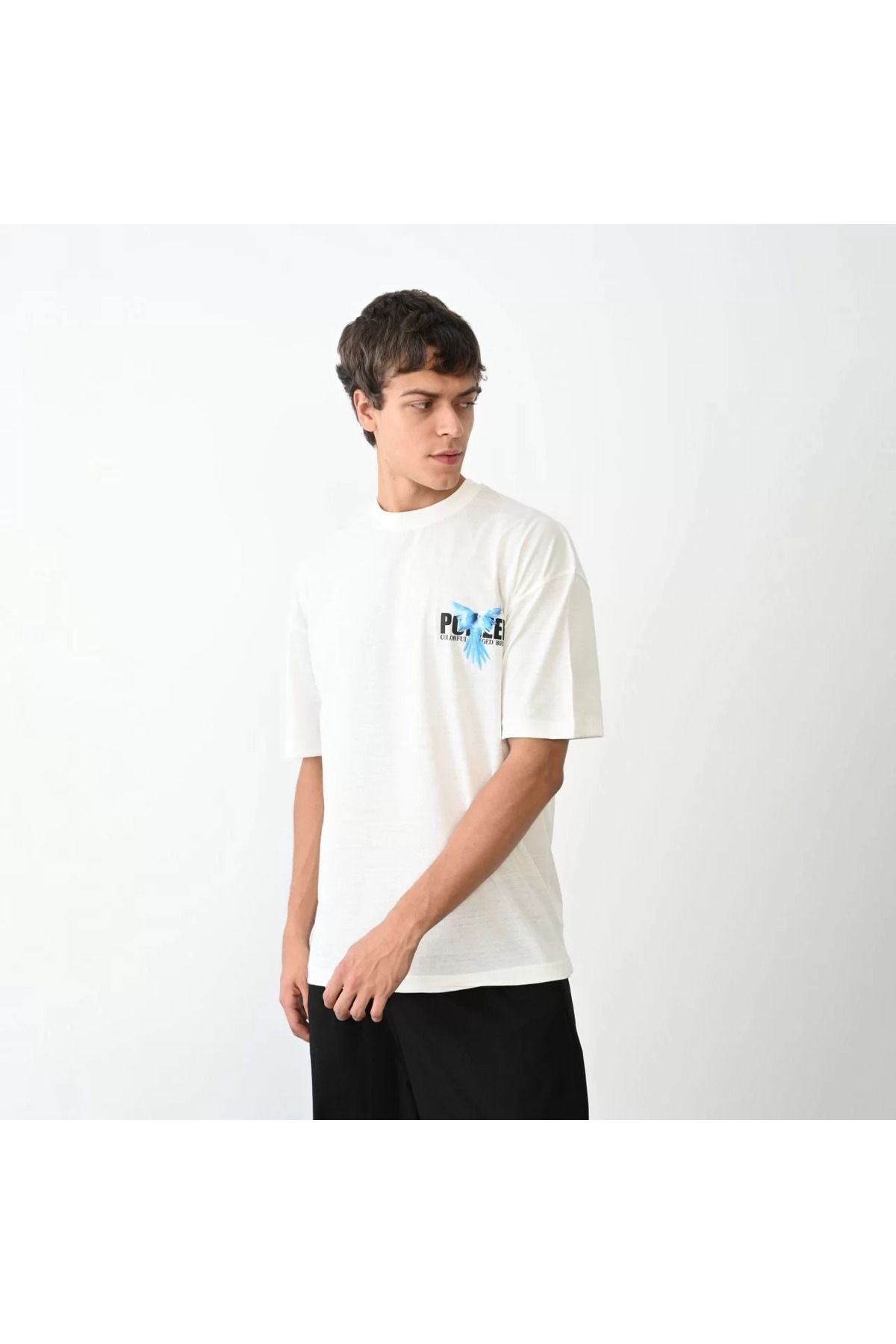 FantaziAtölyesi Unisex Bisiklet Yaka Baskılı Oversize T-Shirt - Beyaz