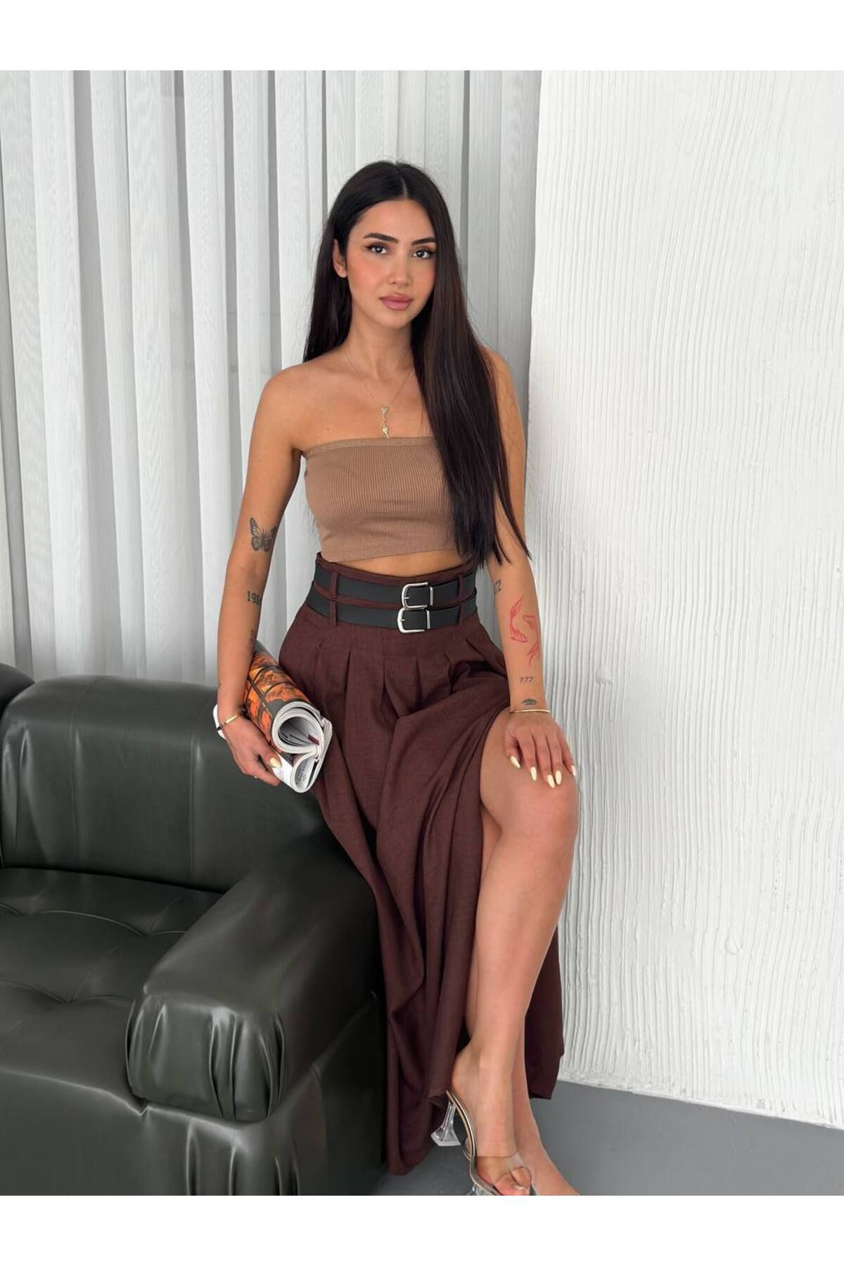 Castivo Fashion Double Kemer Detaylı Yüksek Bel Yırtmaçlı Maxi Pile Etek