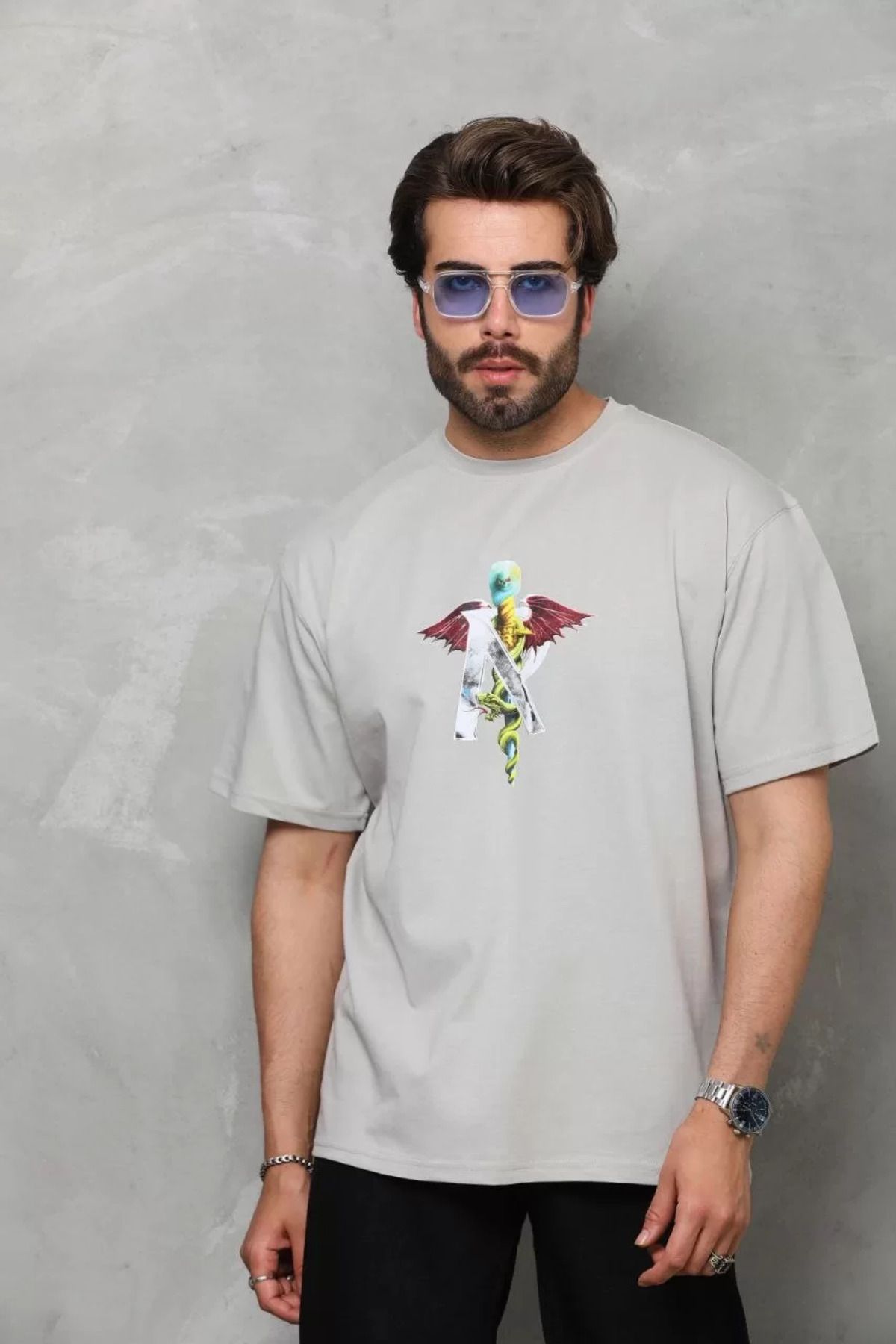FantaziAtölyesi Unisex Bisiklet Yaka Baskılı Oversize T-Shirt - Gri