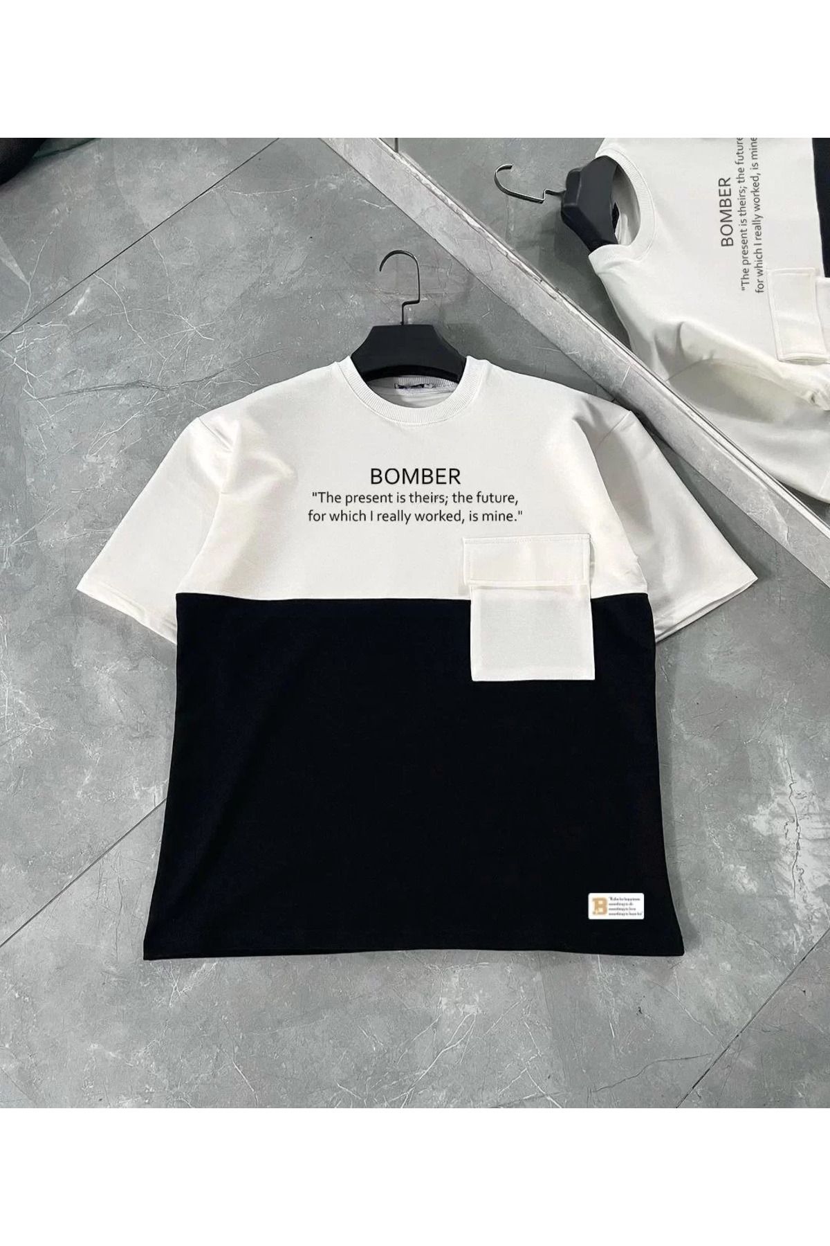 FantaziAtölyesi Unisex Torba Cep Detaylı Parçalı T-Shirt - Siyah