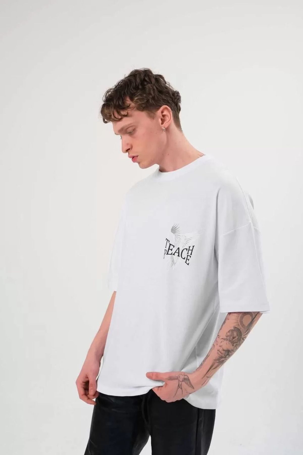 FantaziAtölyesi Unisex Bisiklet Yaka Baskılı Oversize T-Shirt - Beyaz