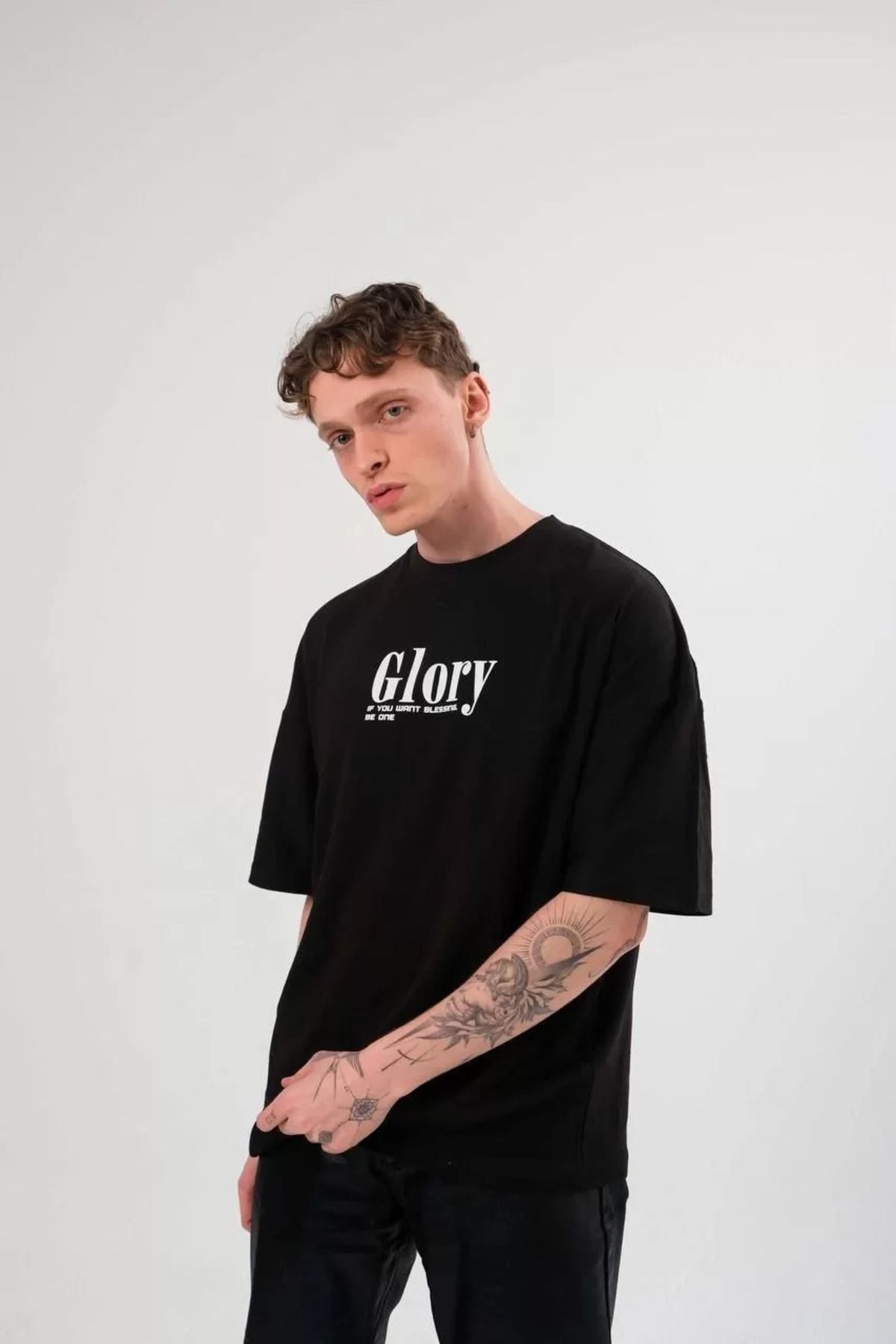 FantaziAtölyesi Unisex Bisiklet Yaka Baskılı Oversize T-Shirt - Siyah