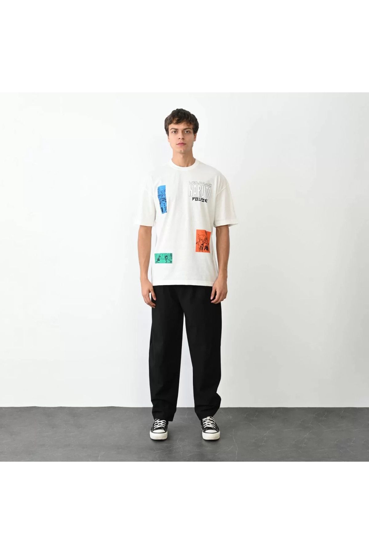 FantaziAtölyesi Unisex Bisiklet Yaka Baskılı Oversize T-Shirt - Beyaz