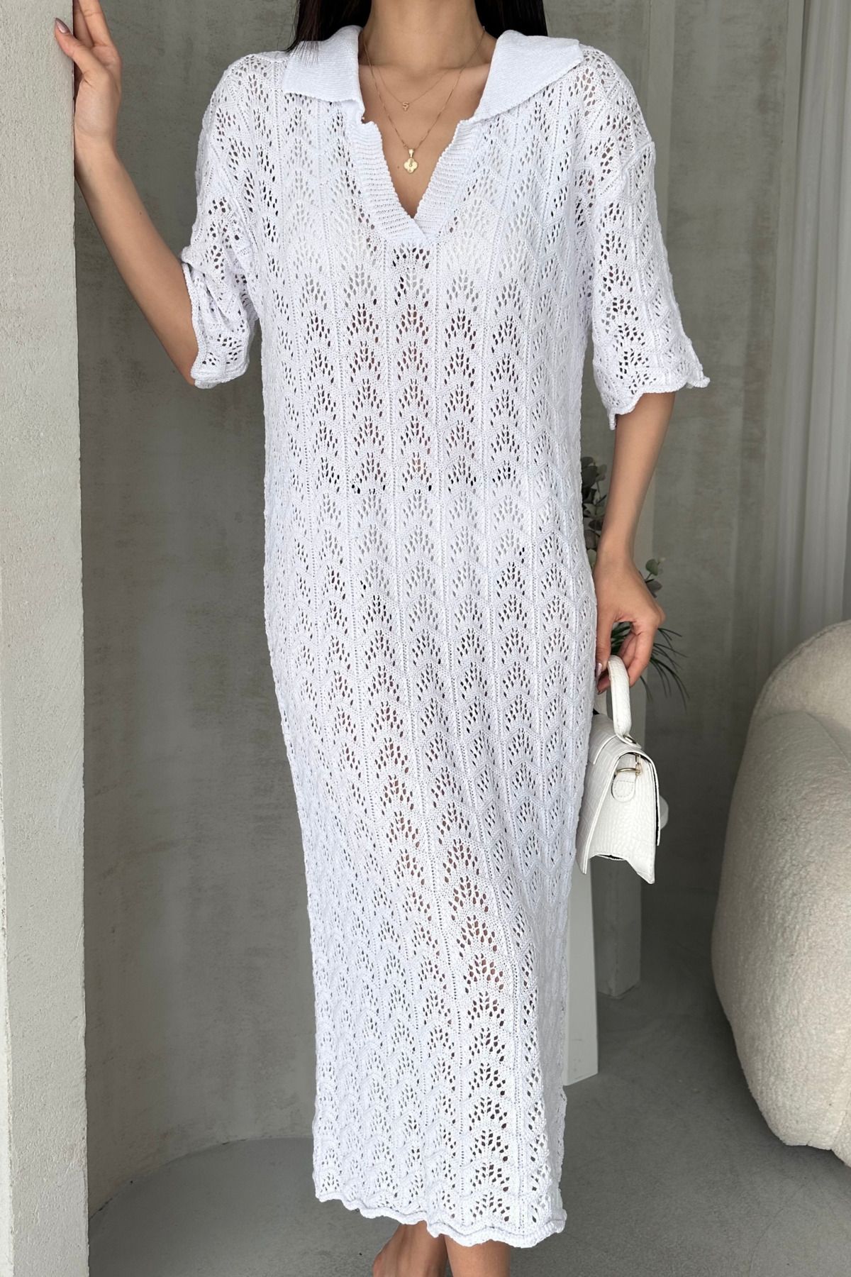 Caddebostan Moda V Yaka Delik İşi Örme %100 Pamuk Kadın Triko Elbise
