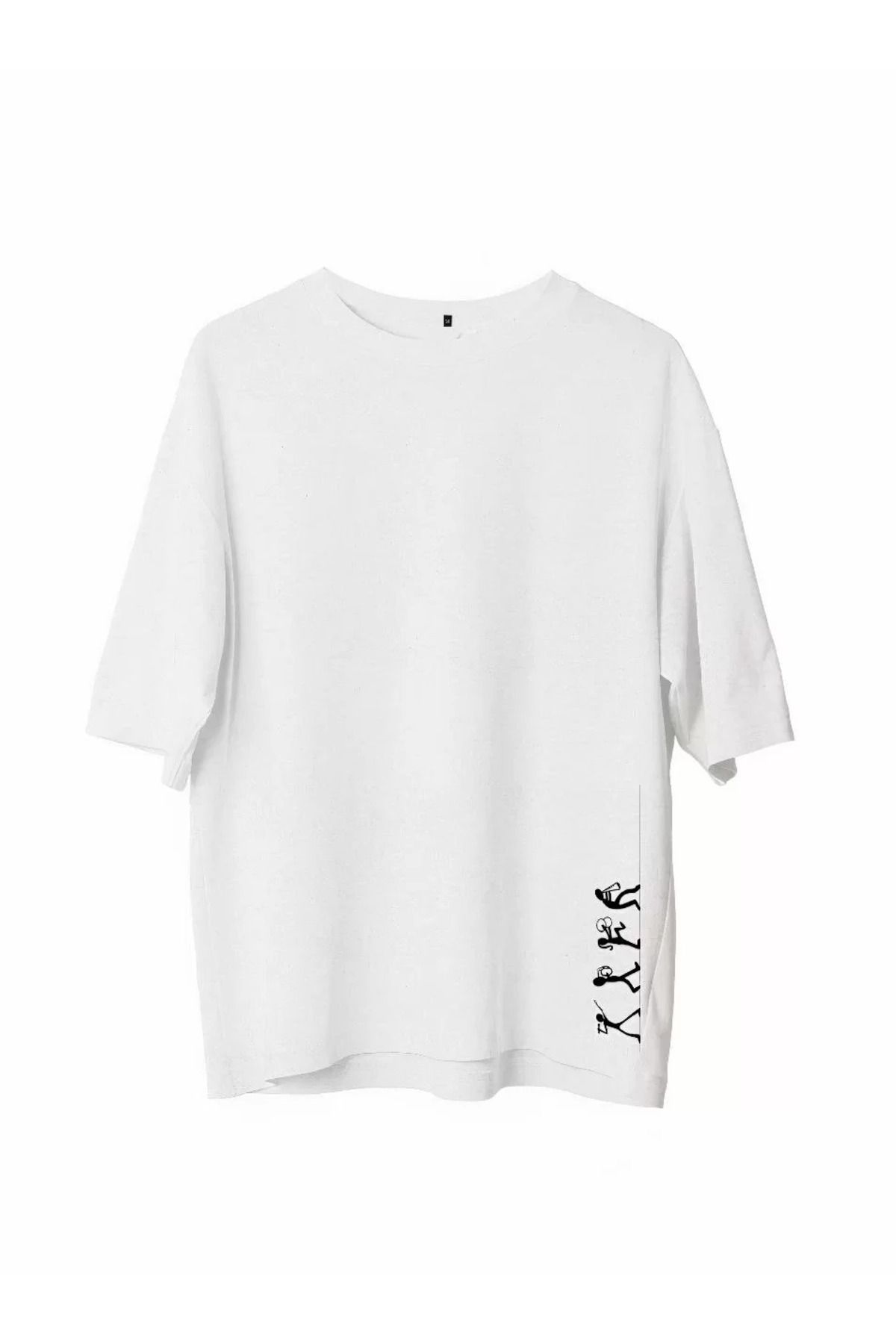 FantaziAtölyesi Unisex Bisiklet Yaka Baskılı Oversize T-Shirt - Beyaz