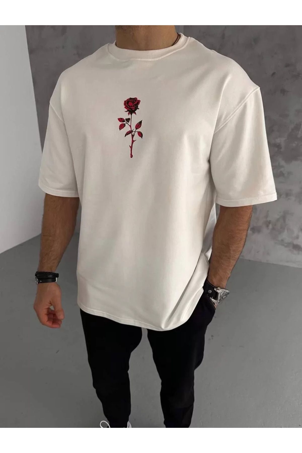 FantaziAtölyesi Unisex Bisiklet Yaka Baskılı Oversize T-Shirt - Beyaz