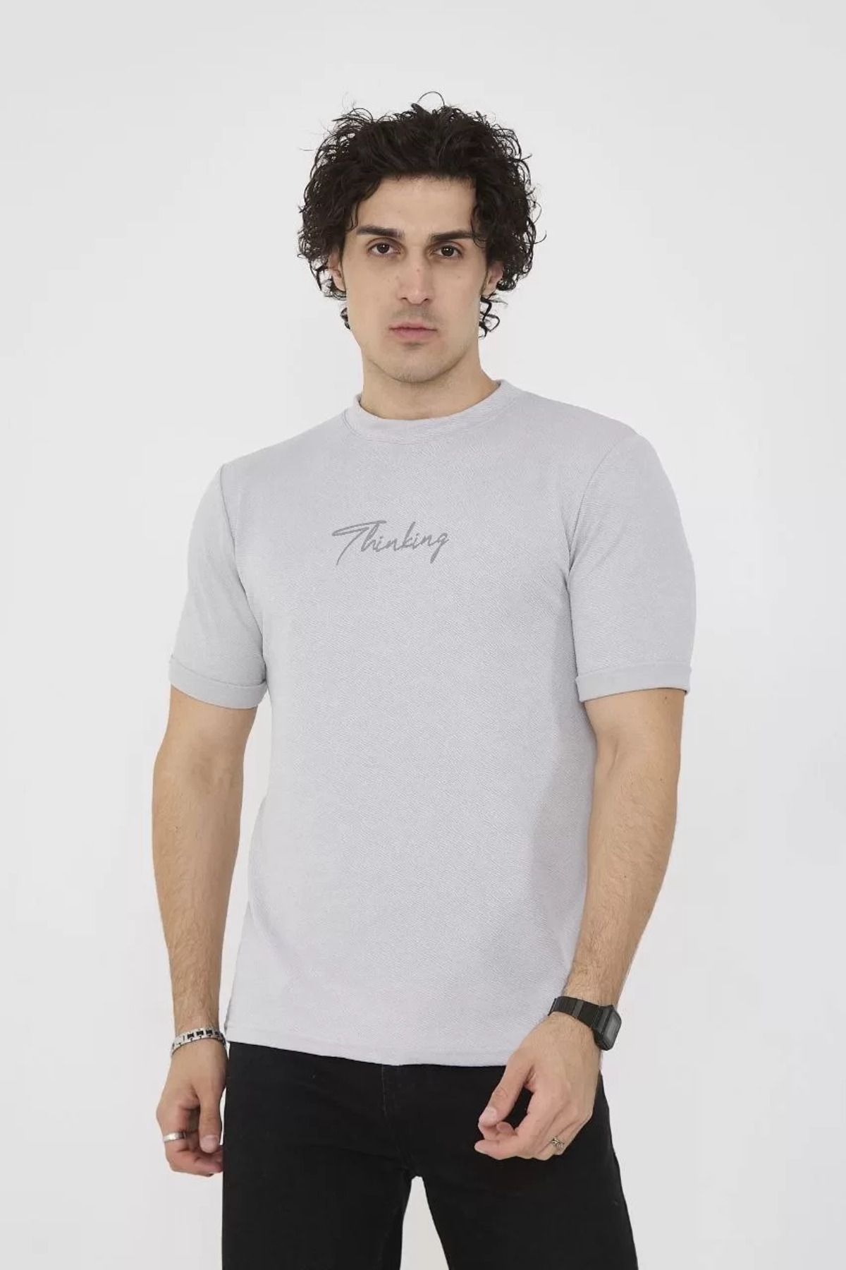 FantaziAtölyesi Unisex Bisiklet Yaka Slim fit T-Shirt- Boyalı Gri