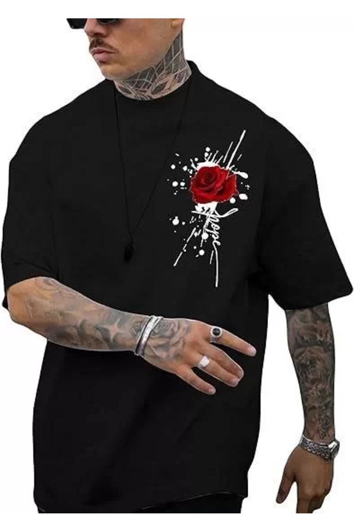 FantaziAtölyesi Erkek Bisiklet Yaka Kısa Kol Baskılı T-shirt - Siyah