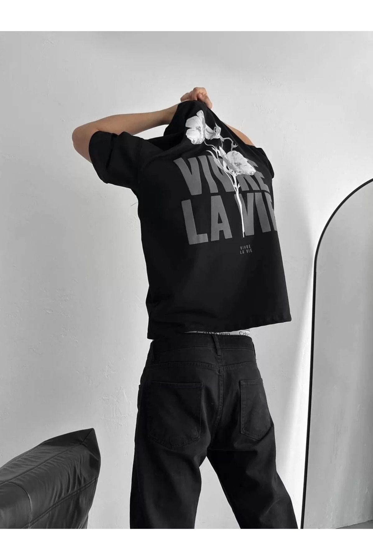 FantaziAtölyesi Baskılı Oversize Bisiklet Yaka T-shirt - Siyah
