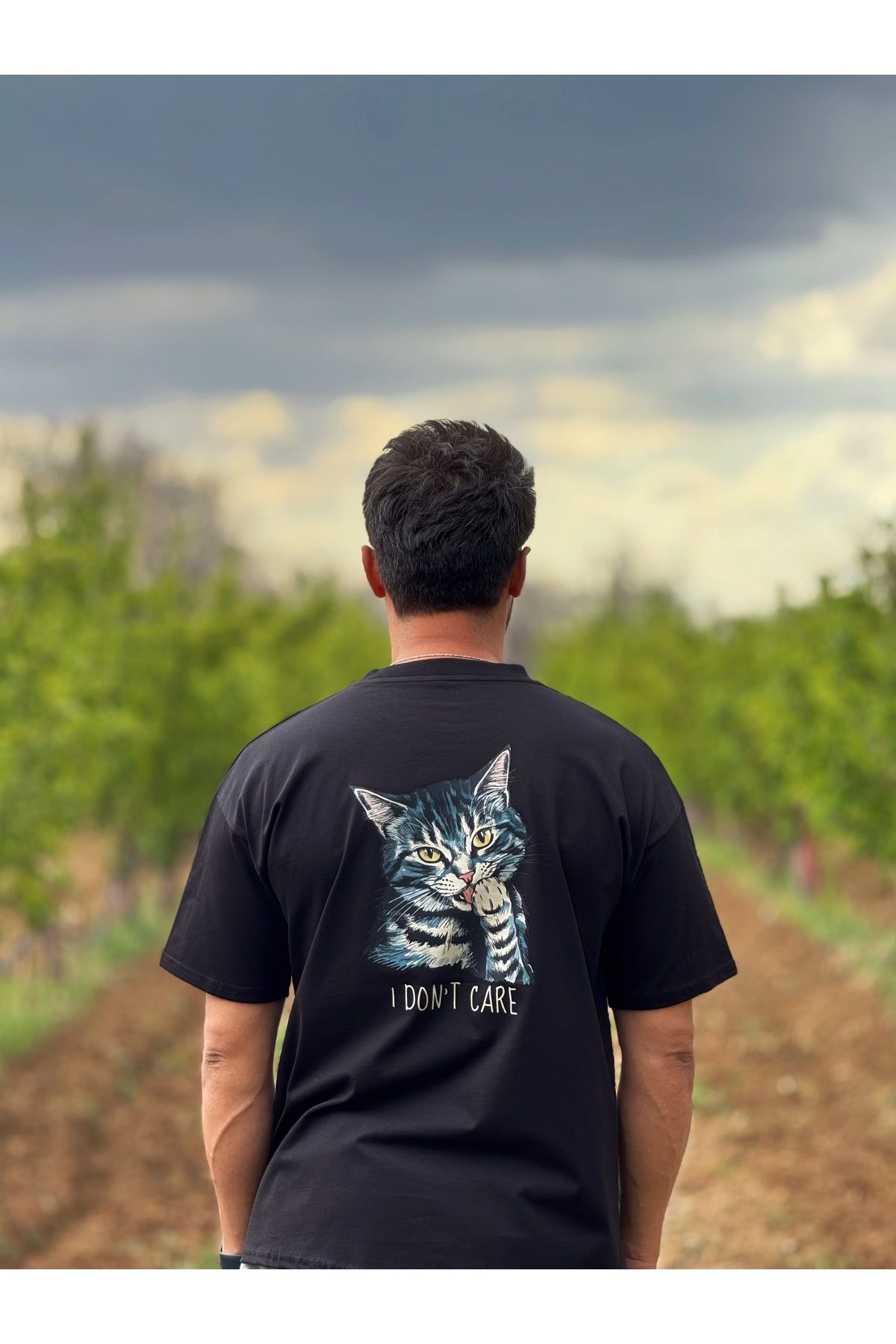 Store Unisex Siyah Oversize Tişört - Kedi Baskılı