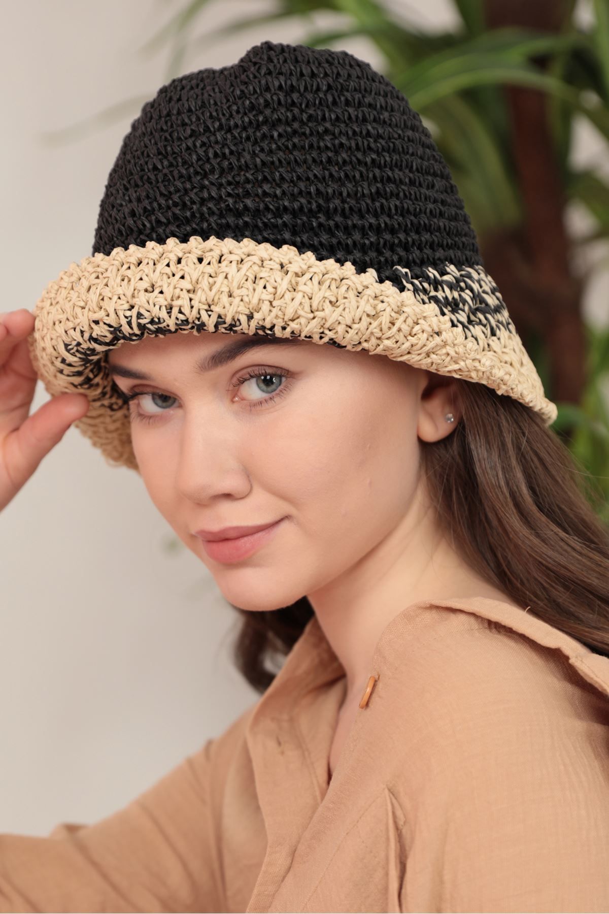 Moka Shopin MokaShopin El Örgüsü Hasır Şapka-Siyah
