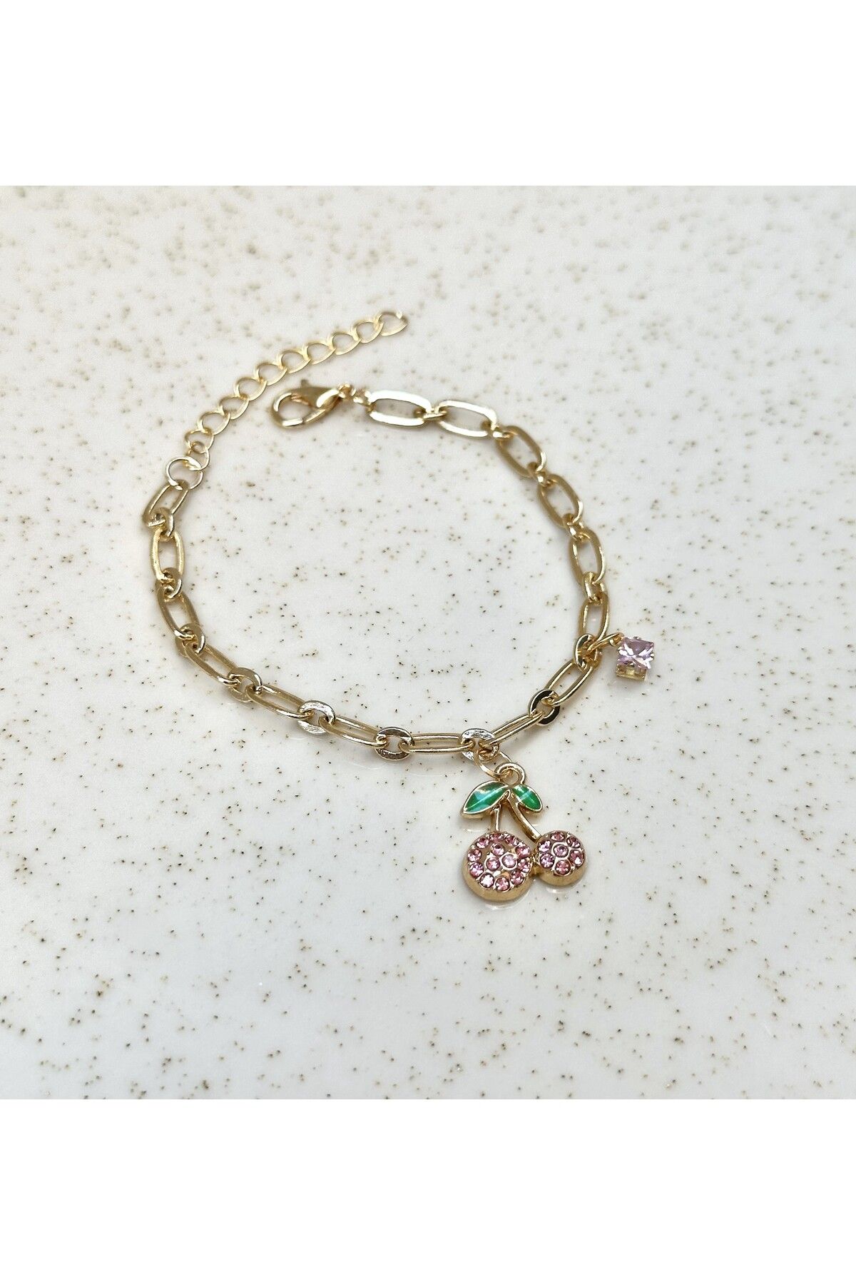 sleyshop Kalın Zincirli Coquette Pembe Kiraz Altın Rengi Bileklik