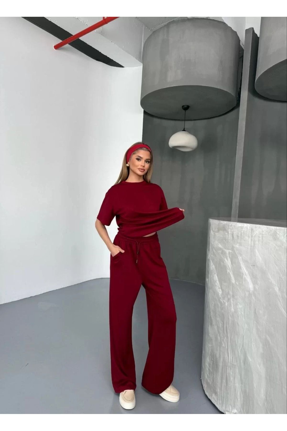 FantaziAtölyesi Osy Modal Yumuşak Dokulu Kumaş Kısa Kollu Bluz Rahat Pantalon ikili Takım- Bordo