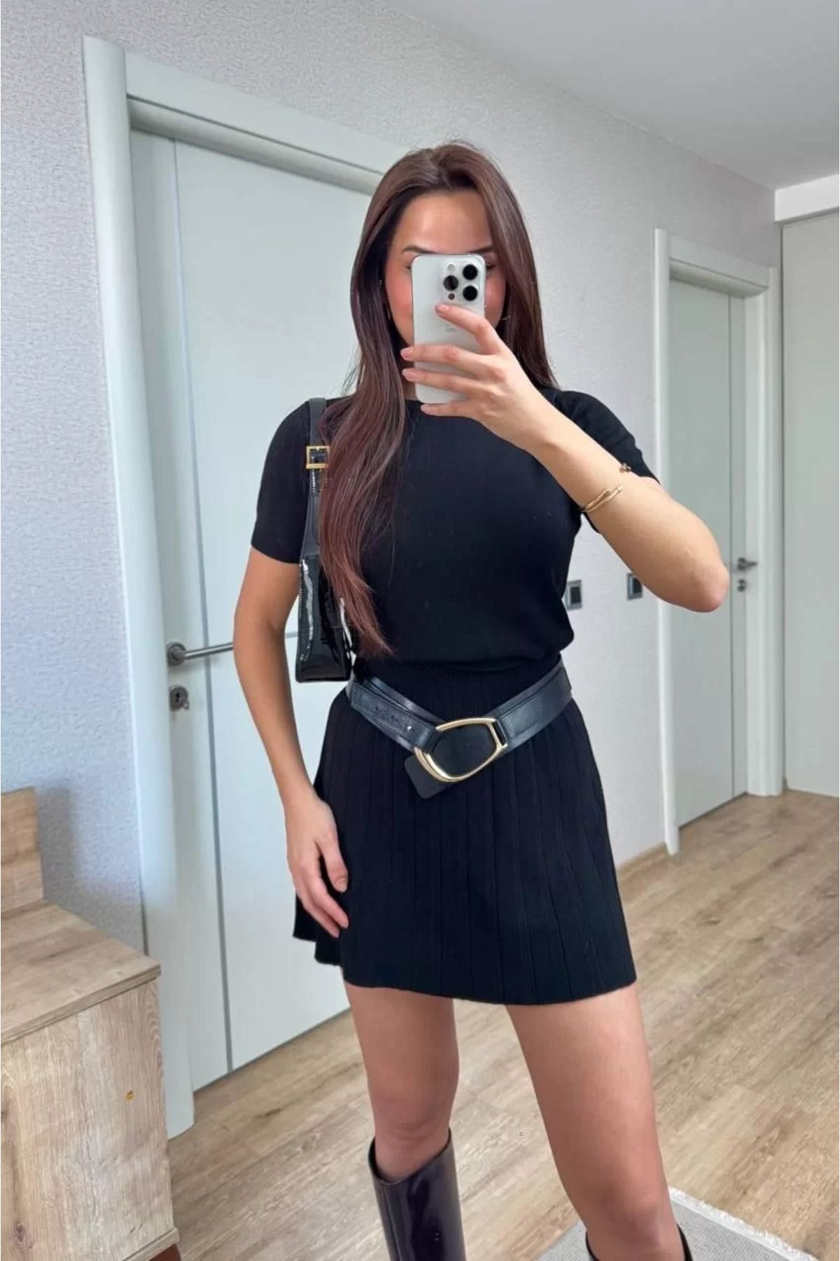 FantaziAtölyesi Kısa Kollu Bluz Mini Etekli ikili Takım Triko - Siyah