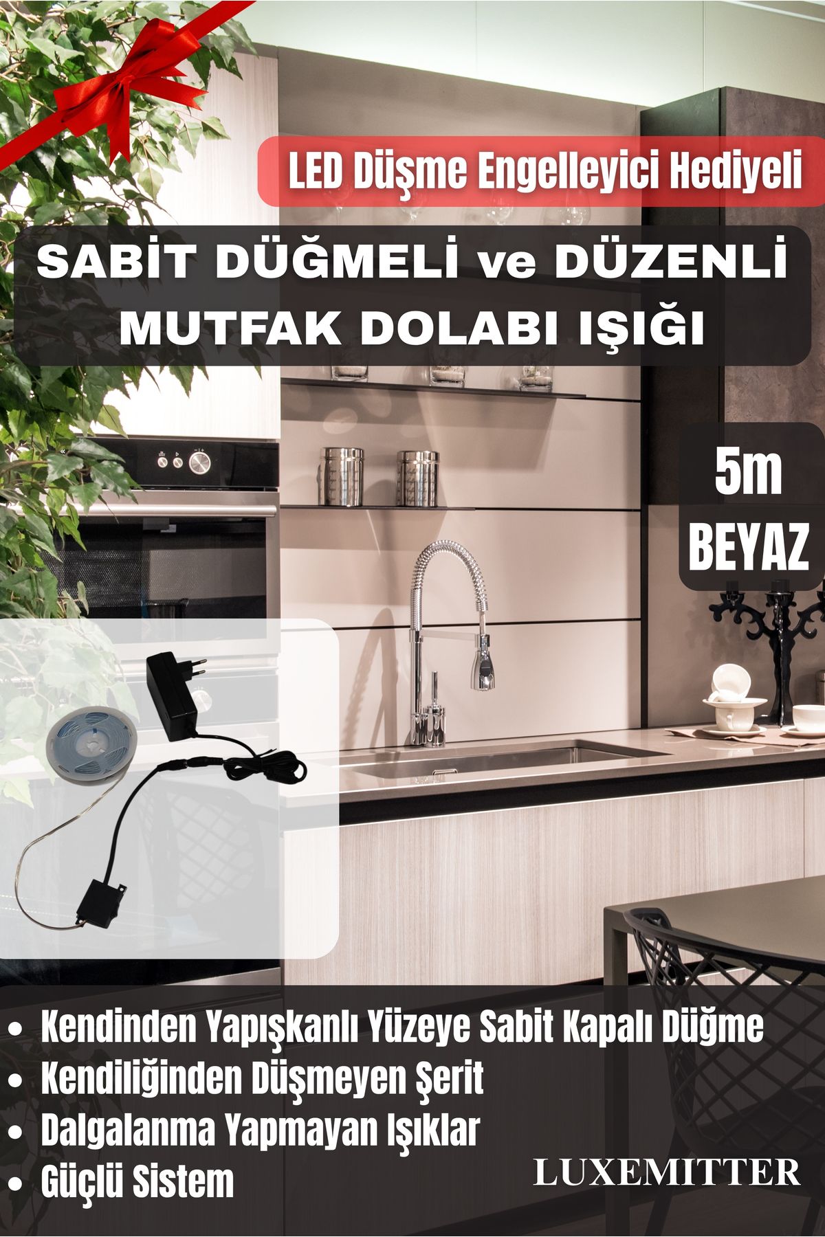 Luxemitter Mutfak Dolap Altı LED Işık Şerit Lamba Tezgah Üstü Aydınlatma Dekor Yapışkanlı Açma Kapama Anahtarlı