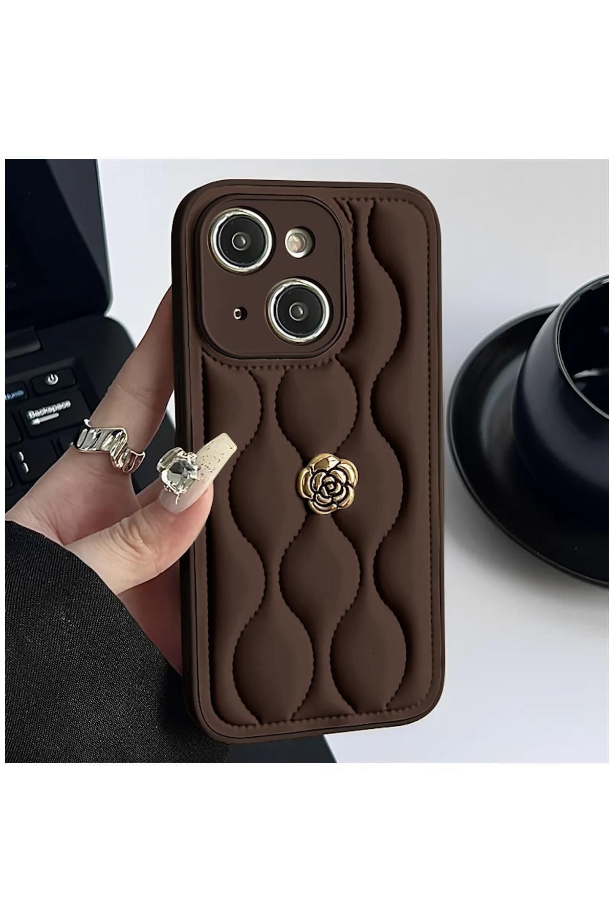 Pro Aksesuar Apple iPhone 14 Plus Uyumlu Kılıf Çiçekli Dalgalı Deri Kılıf Kahverengi