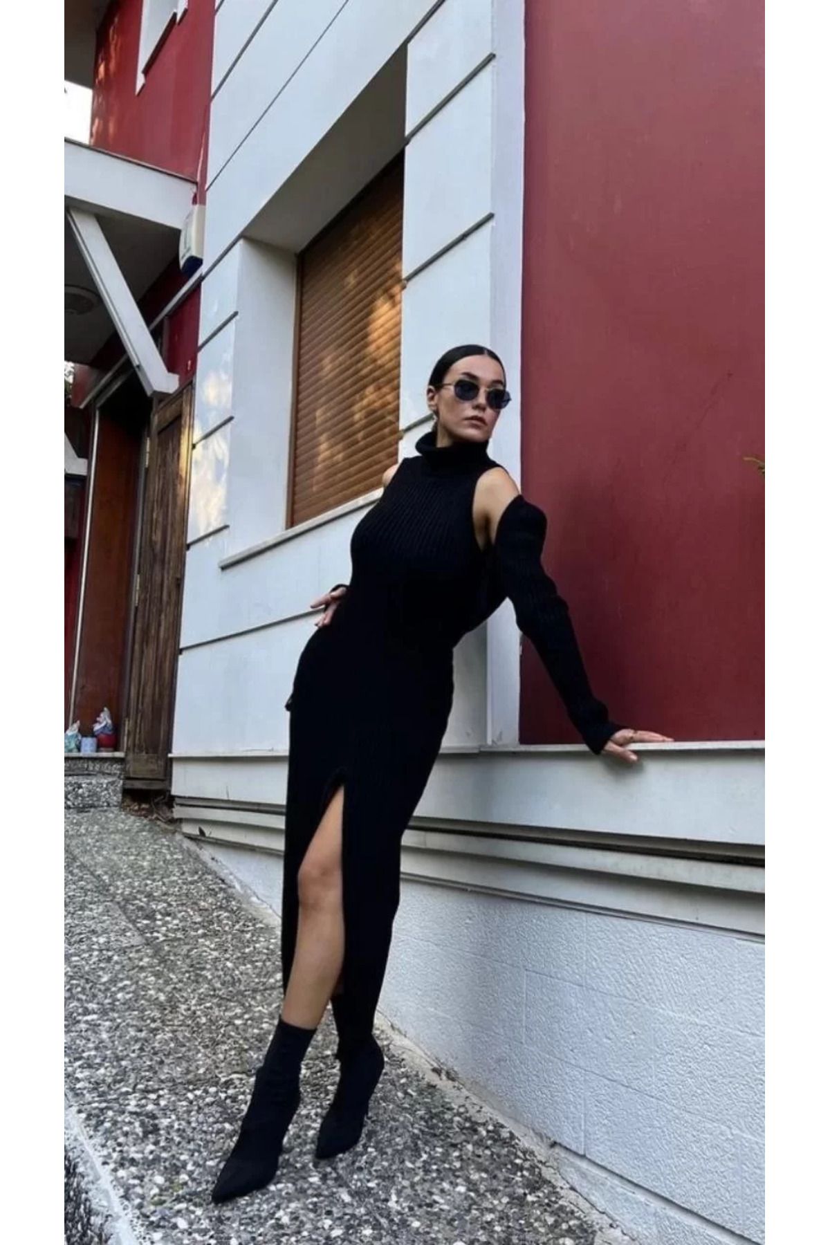 FantaziAtölyesi Bolerolu Boğazlı Uzun Elbise 2 Li Triko Takım - Siyah