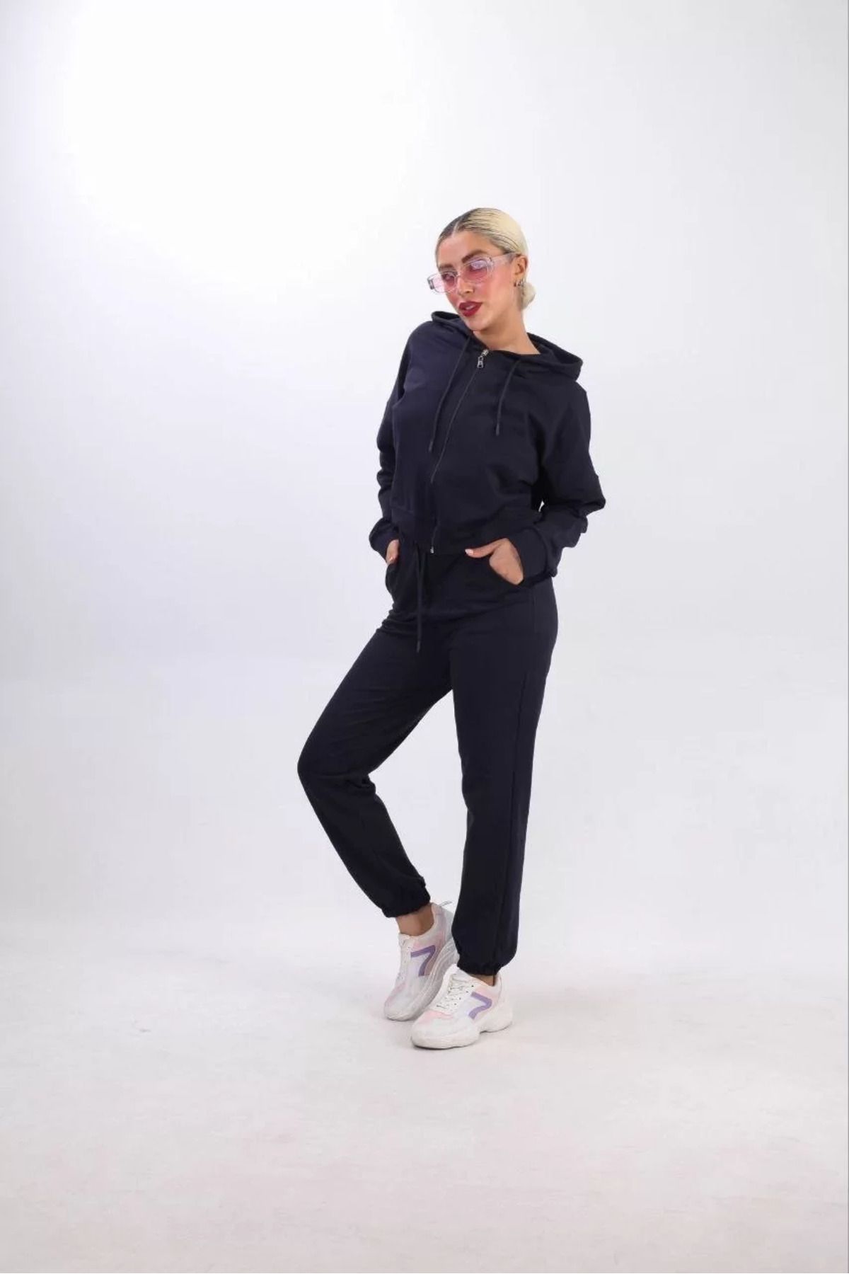 FantaziAtölyesi iki iplik Kapüşonlu Fermuarlı Crop Oversize Hırka Takım- Lacivert