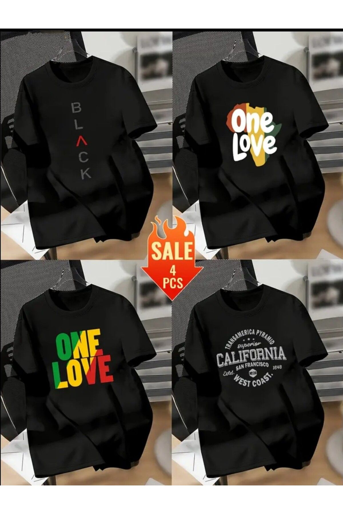 trend selection 4 adet 4 Farklı Baskılı, Oversize, Bisiklet Yaka Unisex T-shirt