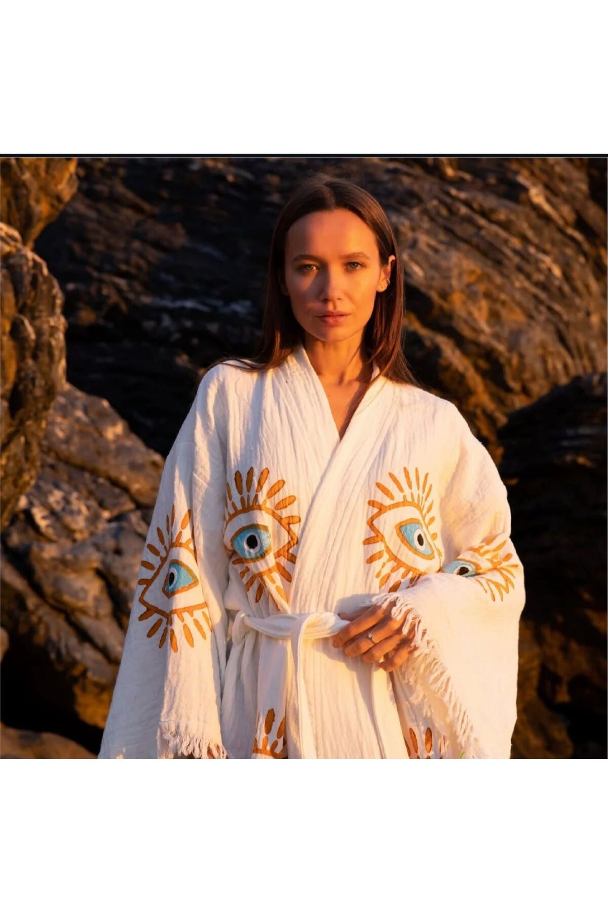 Nily Home Bornoz ,Plaj Elbisesi, Kimono , Kaftan ,Sabahlık Altın Göz Desen Baskılı