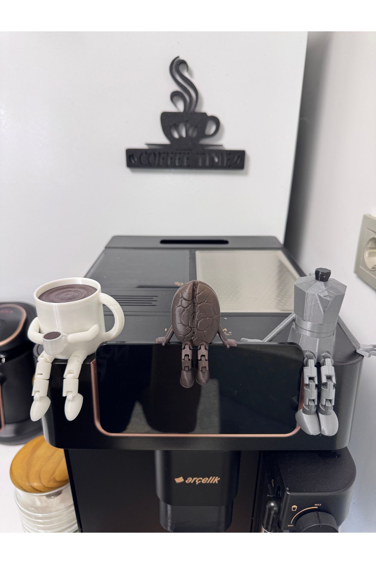 Morpiko Dekoratif Kahve Köşesi 4’lü Biblo Seti - Kahve Çekirdeği - Moka Pot - Kupa - Kahve Time Yazısı