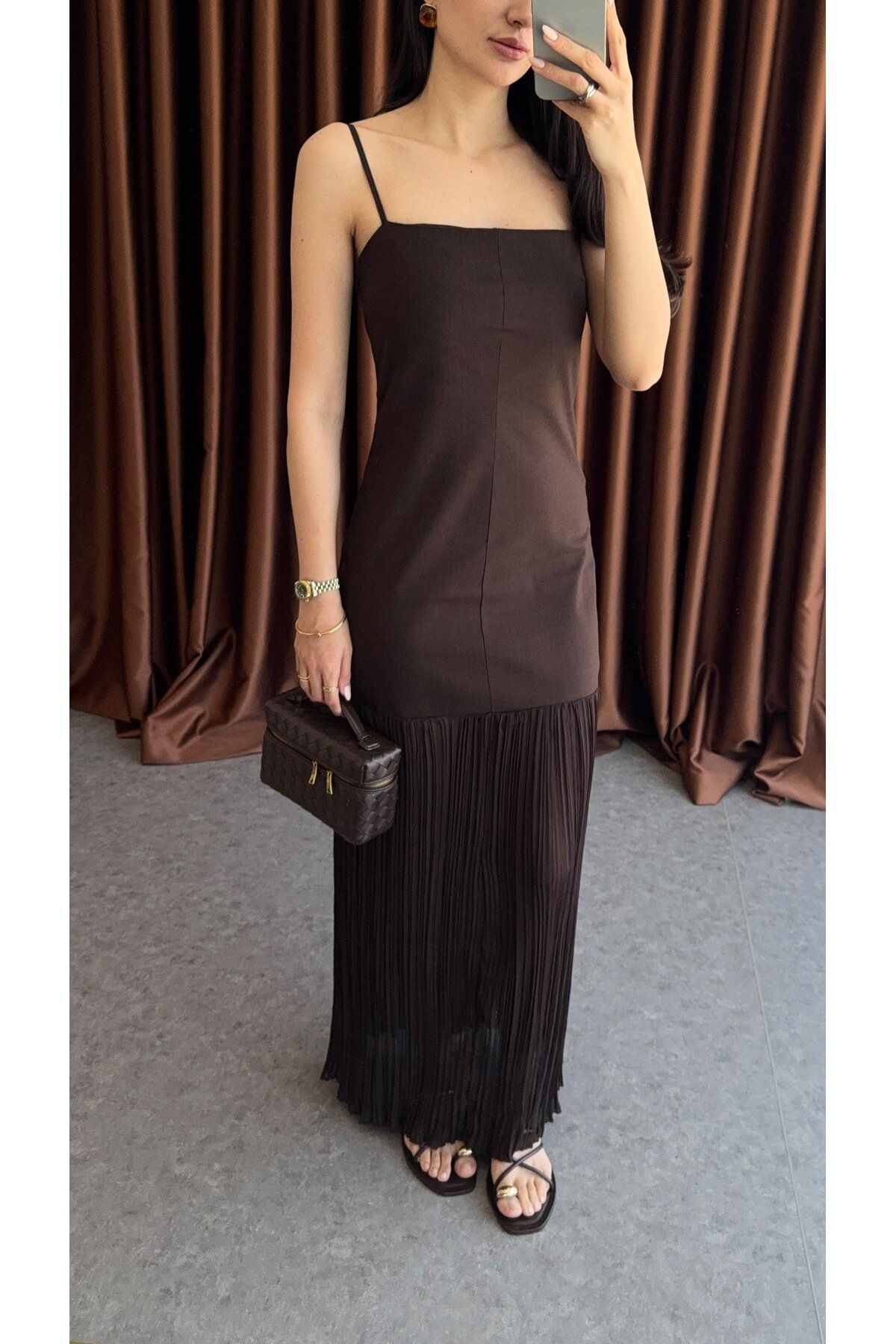 Kese Fashion Store Kahverengi Keten Askılı Elbise