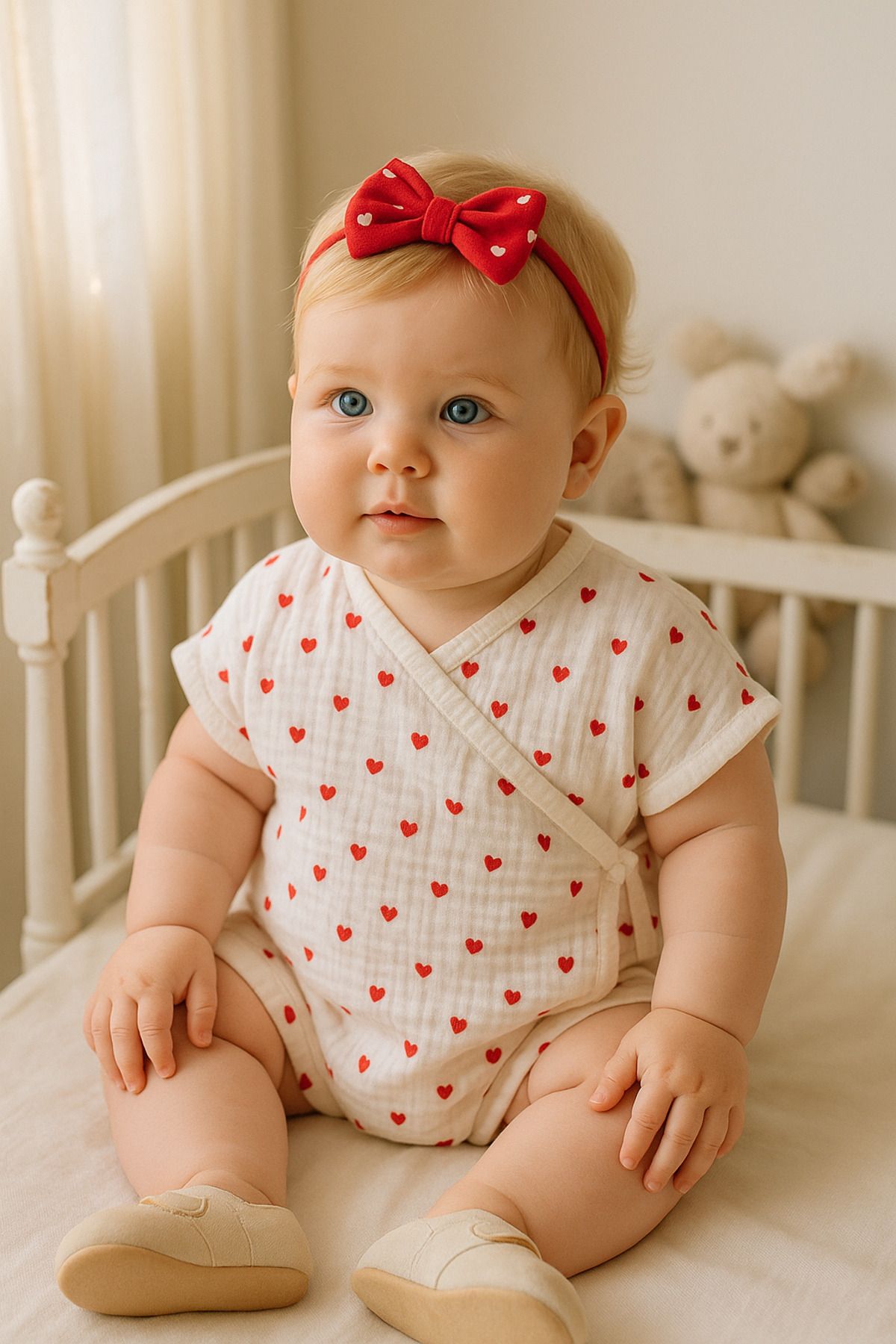 yukobaby bebeğiniz için en doğalı BEBEK MÜSLİN KALPLİ 3-6-9 AY TULUM YENİDOĞAN TAKIM BADİ