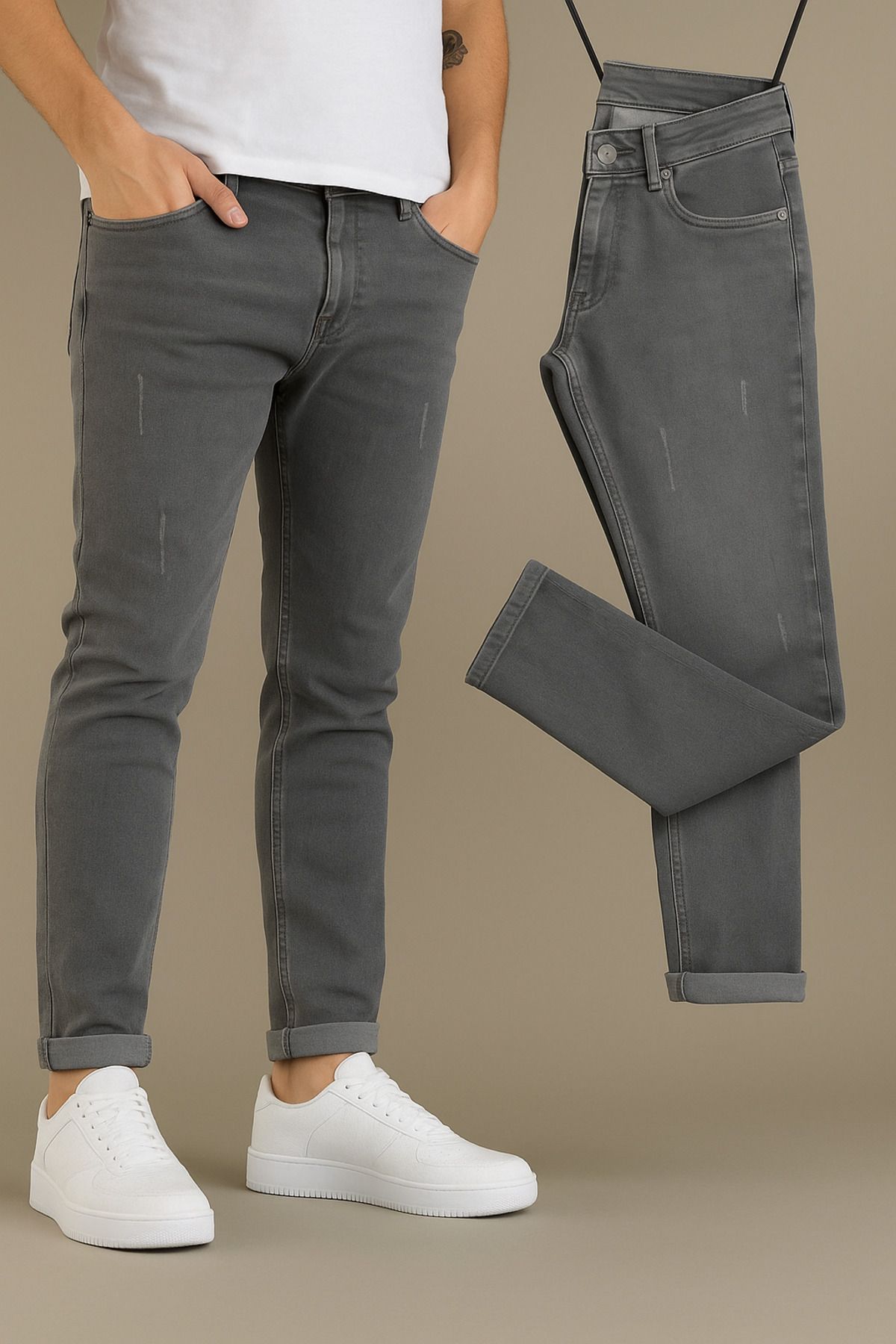moda biz Erkek Slim Fit Dar Paça Tintli Lazer Kesim Kot Pantolon Gri