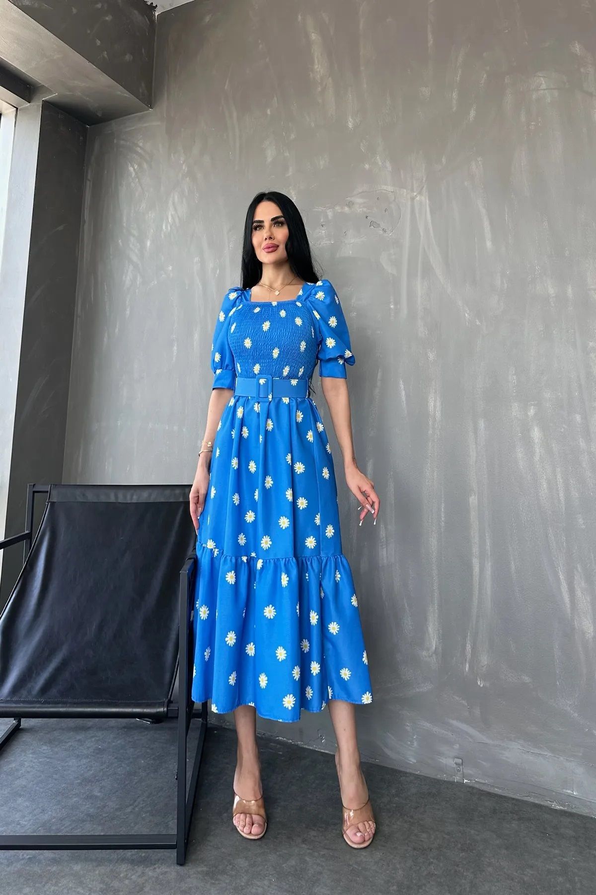 GALAVİP Kare Yaka Poplin Kumaş Çiçek Desenli Kemerli Yazlık Elbise Standart Beden S/M/L/XL Uyumlu