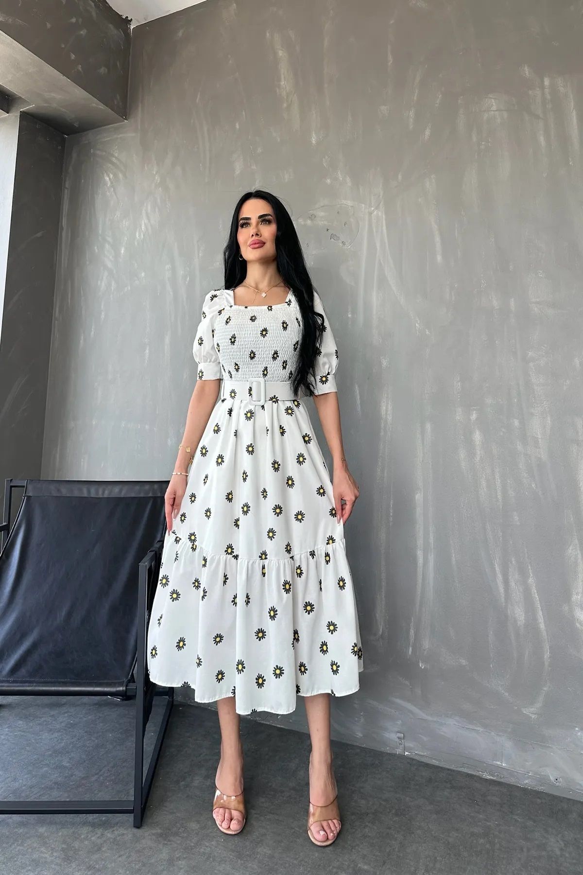 GALAVİP Kare Yaka Poplin Kumaş Çiçek Desenli Kemerli Yazlık Elbise Standart Beden S/M/L/XL Uyumlu