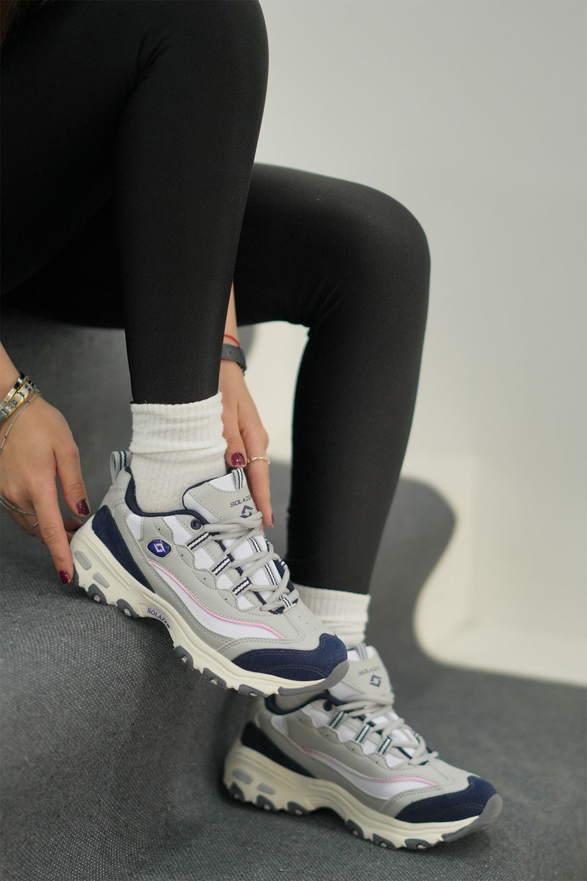 SOLAZER Kadın Gri Lacivert Sneaker Günlük Rahat Spor Ayakkabı 049