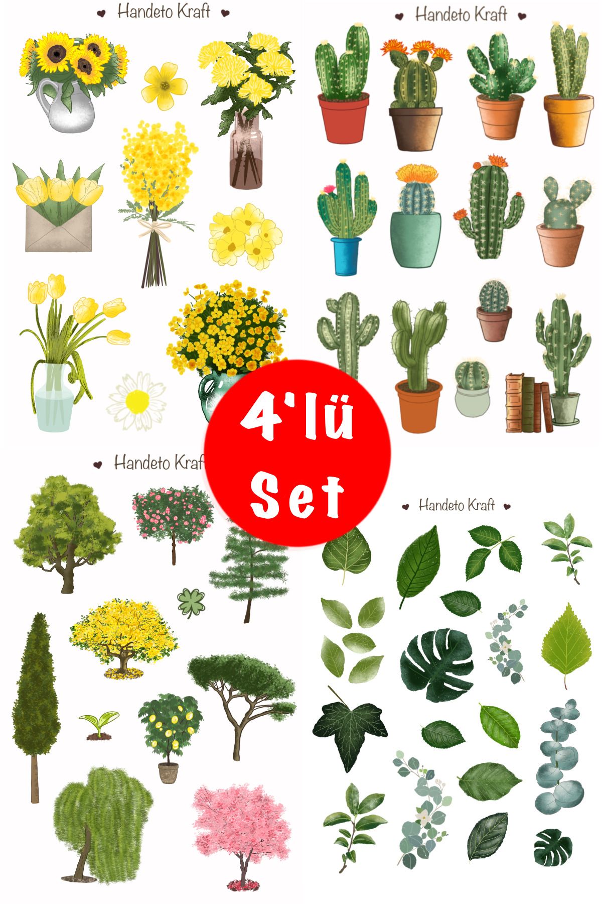 Handeto Kraft Bitki ve Çiçek Temalı Çoklu Sticker Seti, 4'lü sticker, 8x12 cm, çıkartma, bullet journal, etiket