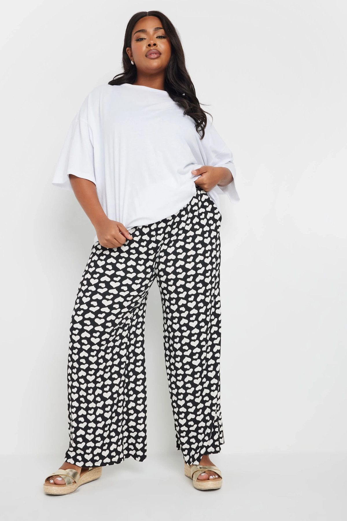 Stil Diva Büyük Beden Beli Lastikli Bol Paça Kalp Desenli Cepli Pantolon 303492