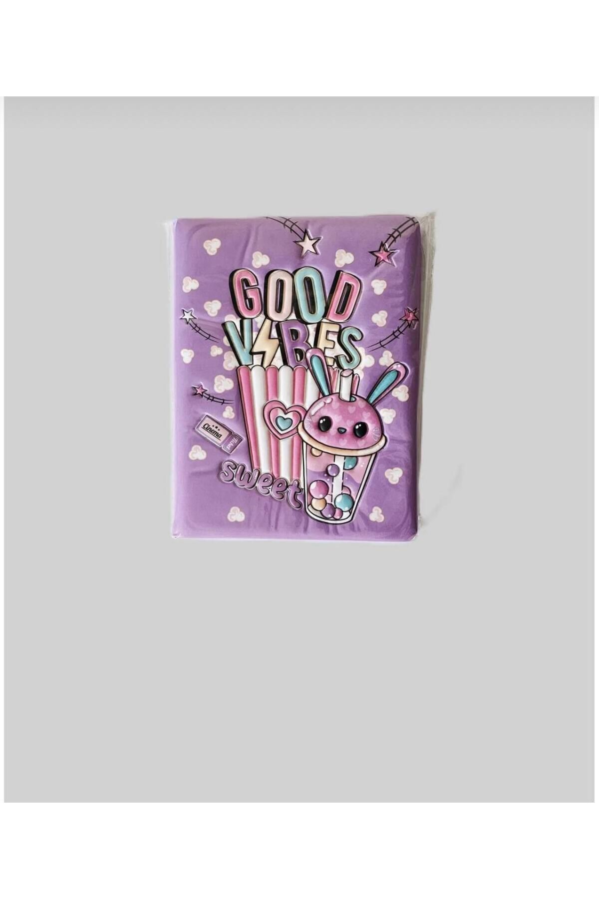 Micro Puffy Pofuduk Good Vibes Temalı Mor Renk Sert Kapaklı Sevimli Defter