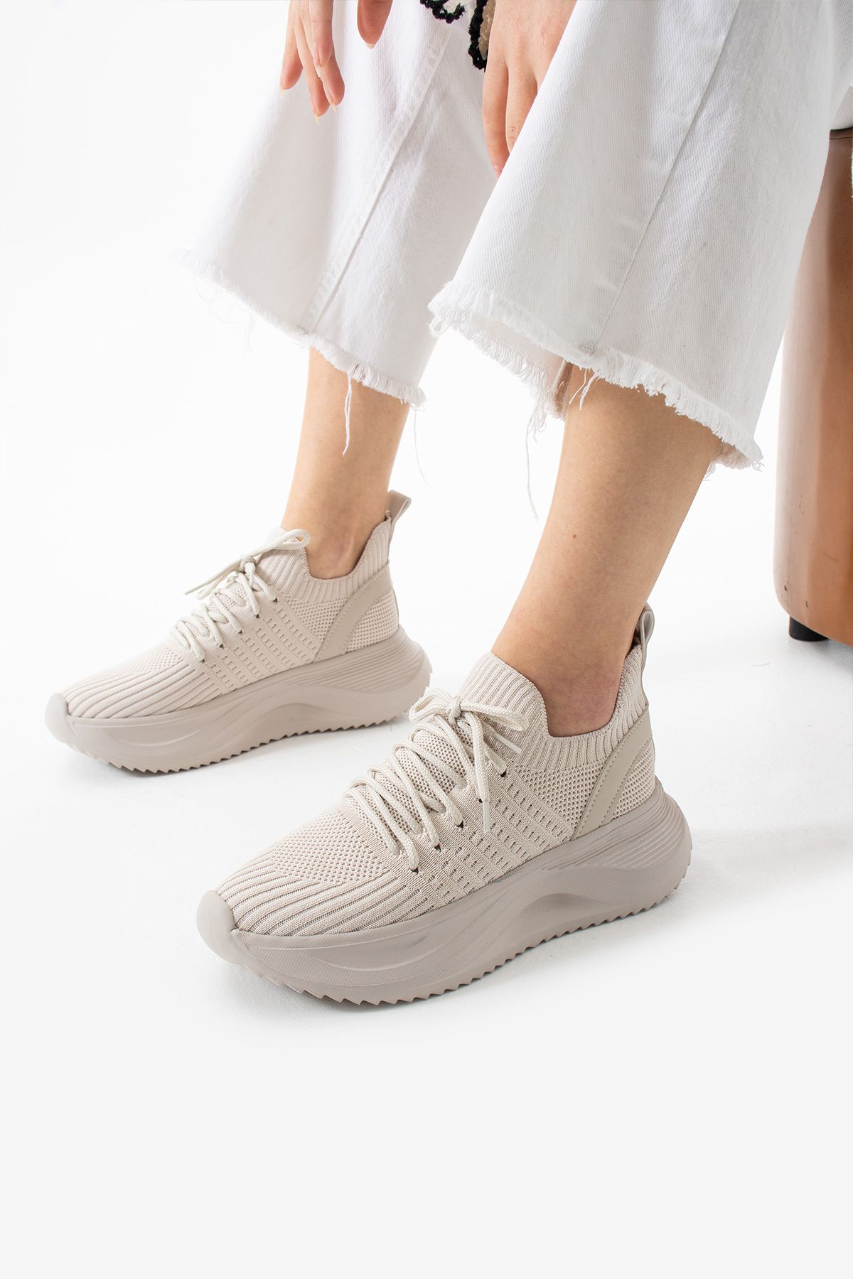 TexFoot Kadın Bağcıklı Nefes Alabilen Fileli Kalın Taban Rahat Memory Foam İç Tabanlı Sneaker Spor Ayakkabı
