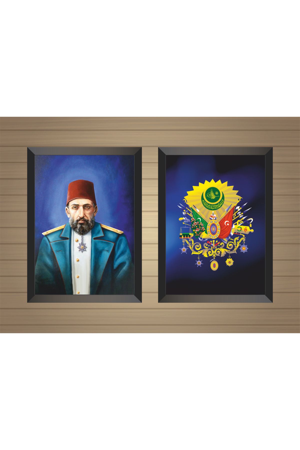 Erdizayn Sultan Abdulhamid ve Osmanlı Armalı Poster Tablo 1 mm Şeffaf PVC Korumalı Çerçeveli 2'li SET