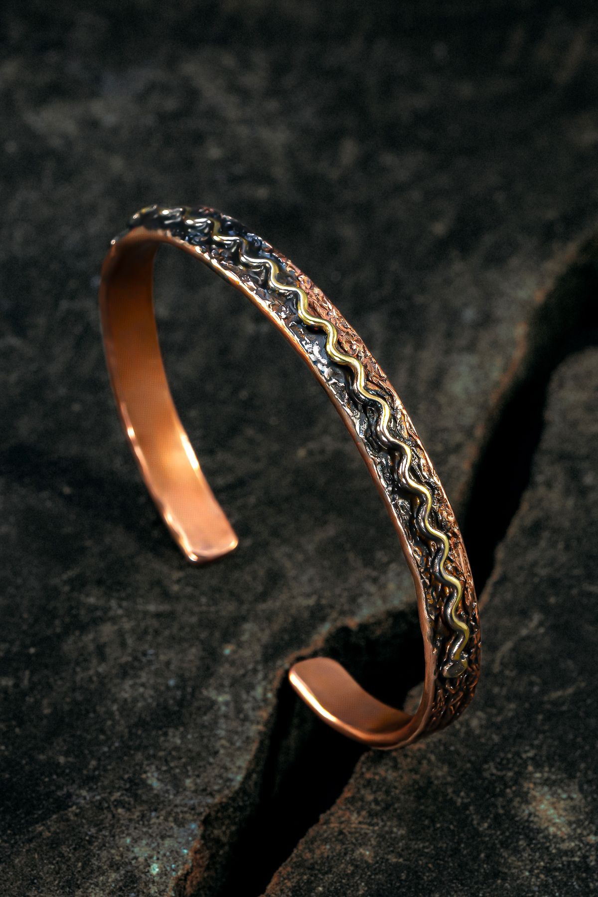 OSMANLI GÜMÜŞ Copper Wave Bakır Kelepçe Bilezik Erkek Kadın Kuvars Taşı ve Metal Kutulu