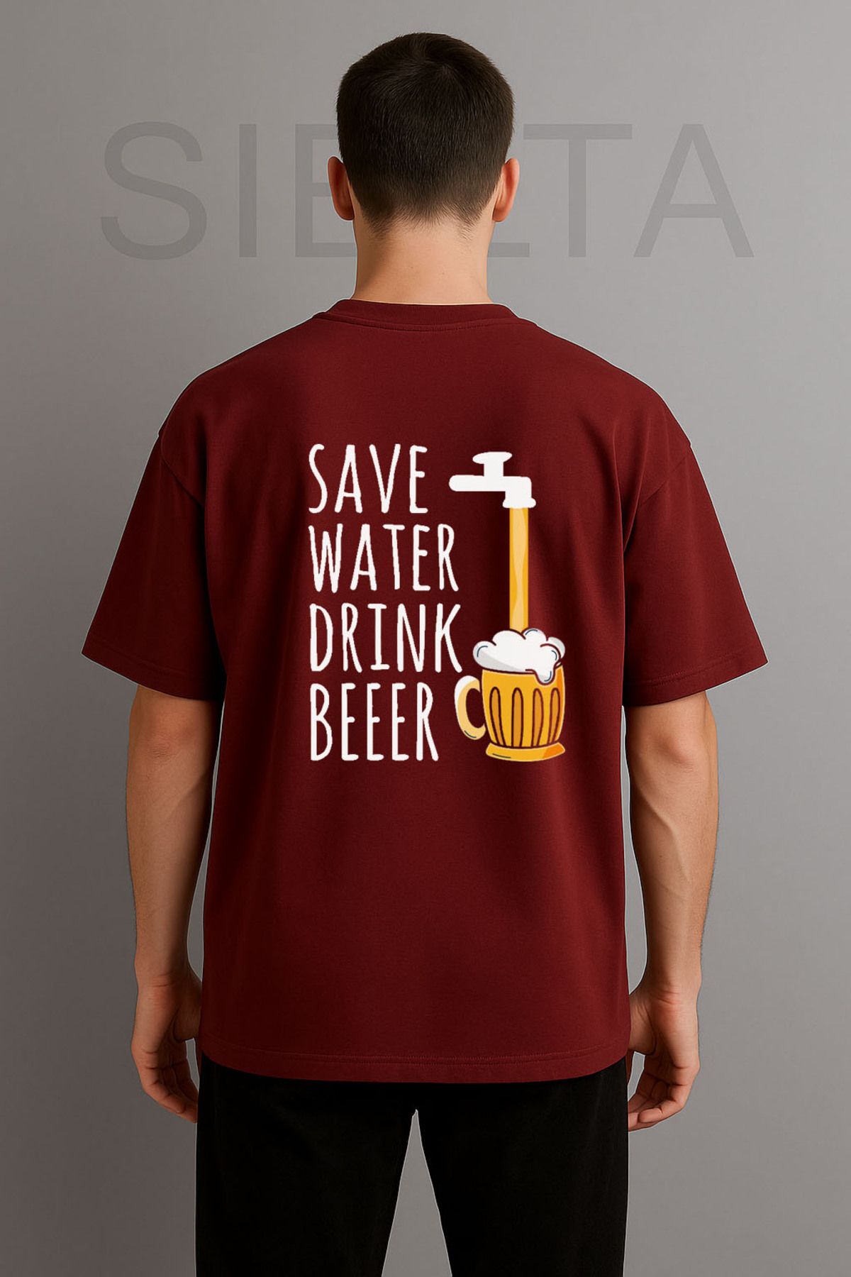 sielta Baskılı Bisiklet Yaka Oversize Bordo Tişört T-shirt