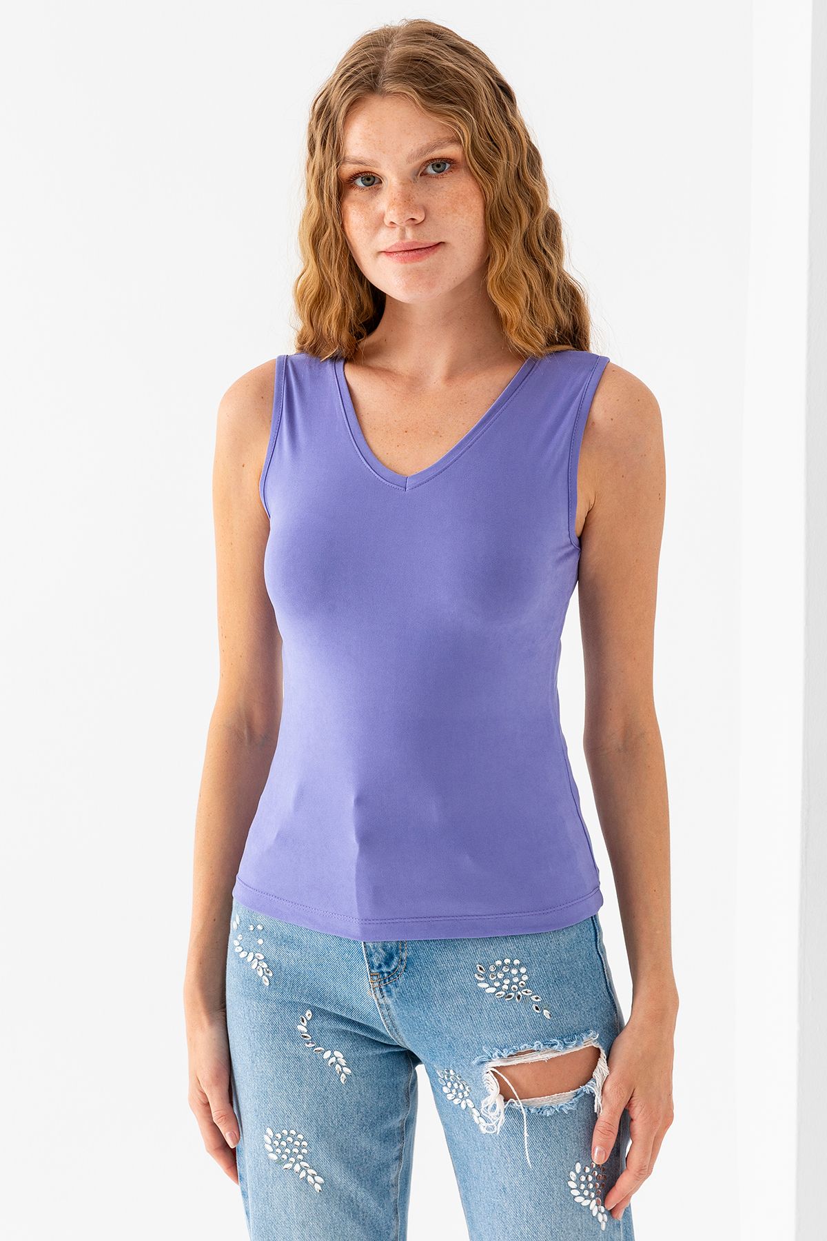 GİYSA Kadın Ön Arka V Yaka Kolsuz Basic Bluz Mor - 925083
