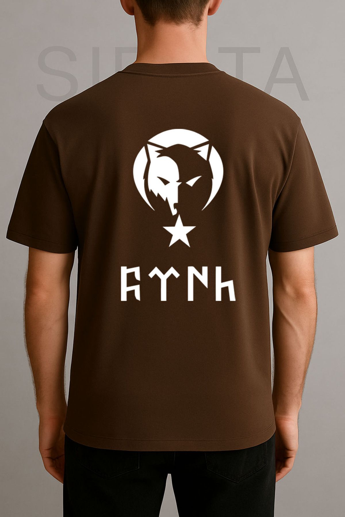 sielta Türk Bozkurt Kurt Baskılı Bisiklet Yaka Oversize Kahverengi Tişört T-shirt