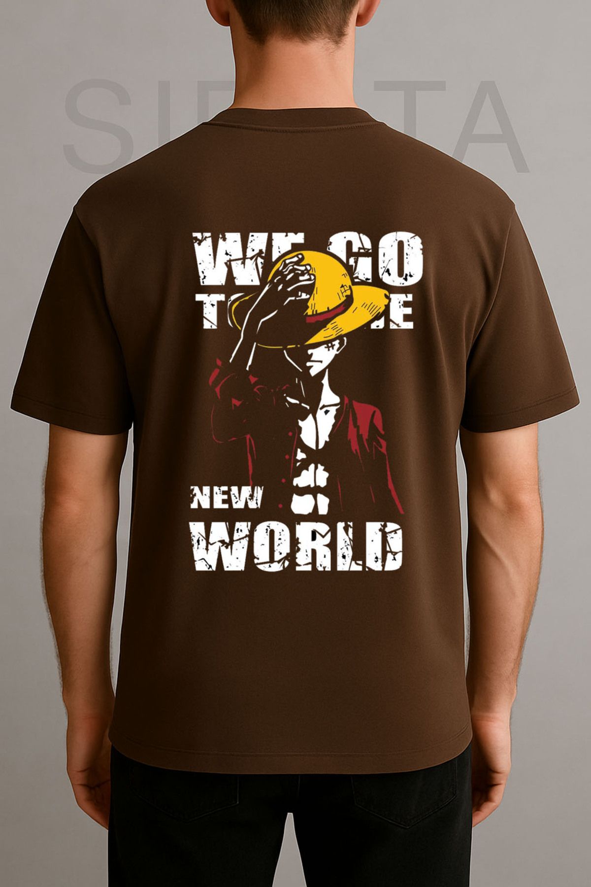 sielta One Piece Anime Baskılı Bisiklet Yaka Oversize Kahverengi Tişört T-shirt