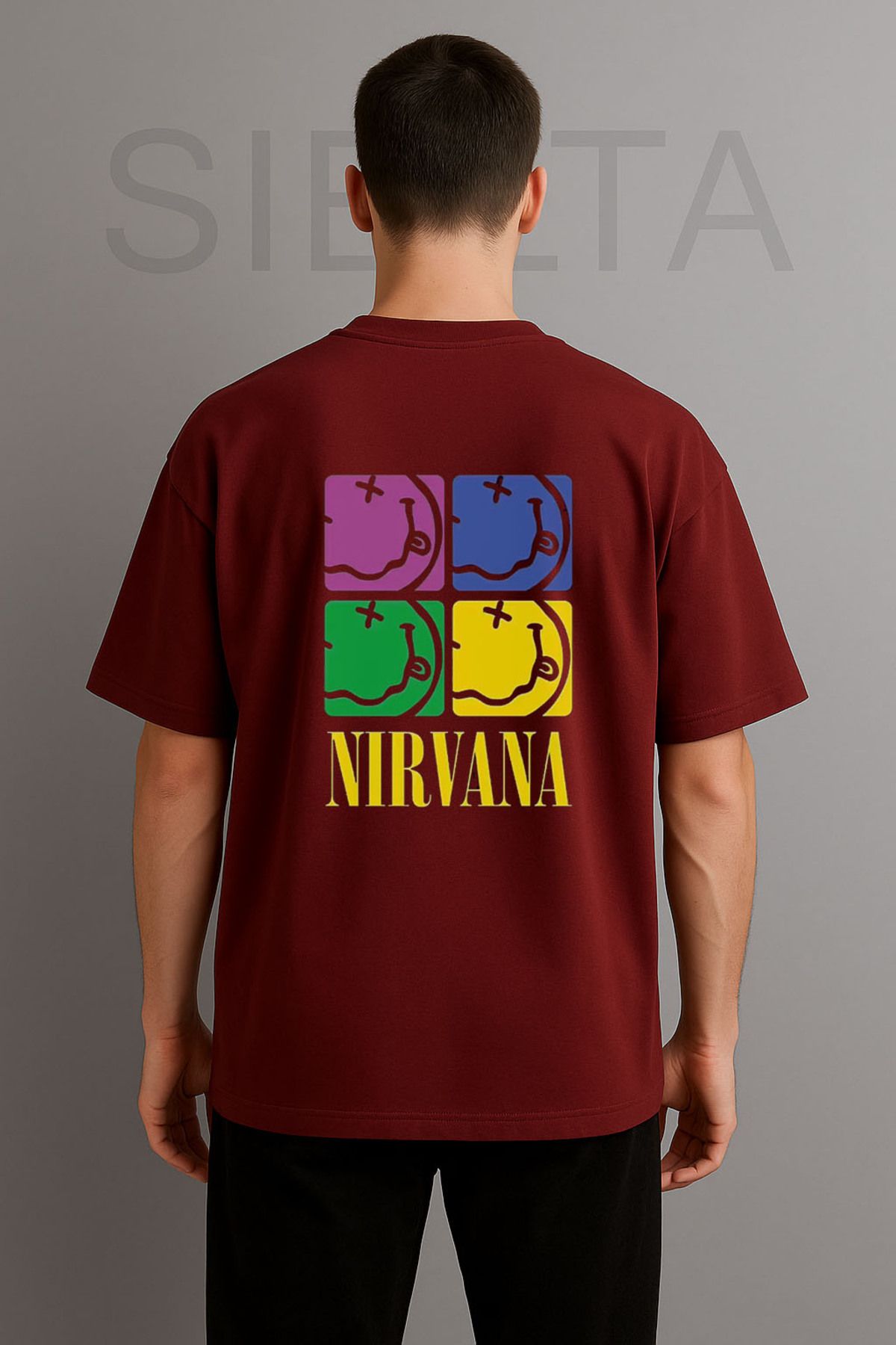 Darkia Nirvana Müzik Grubu Baskılı Bisiklet Yaka Oversize Bordo Tişört T-shirt