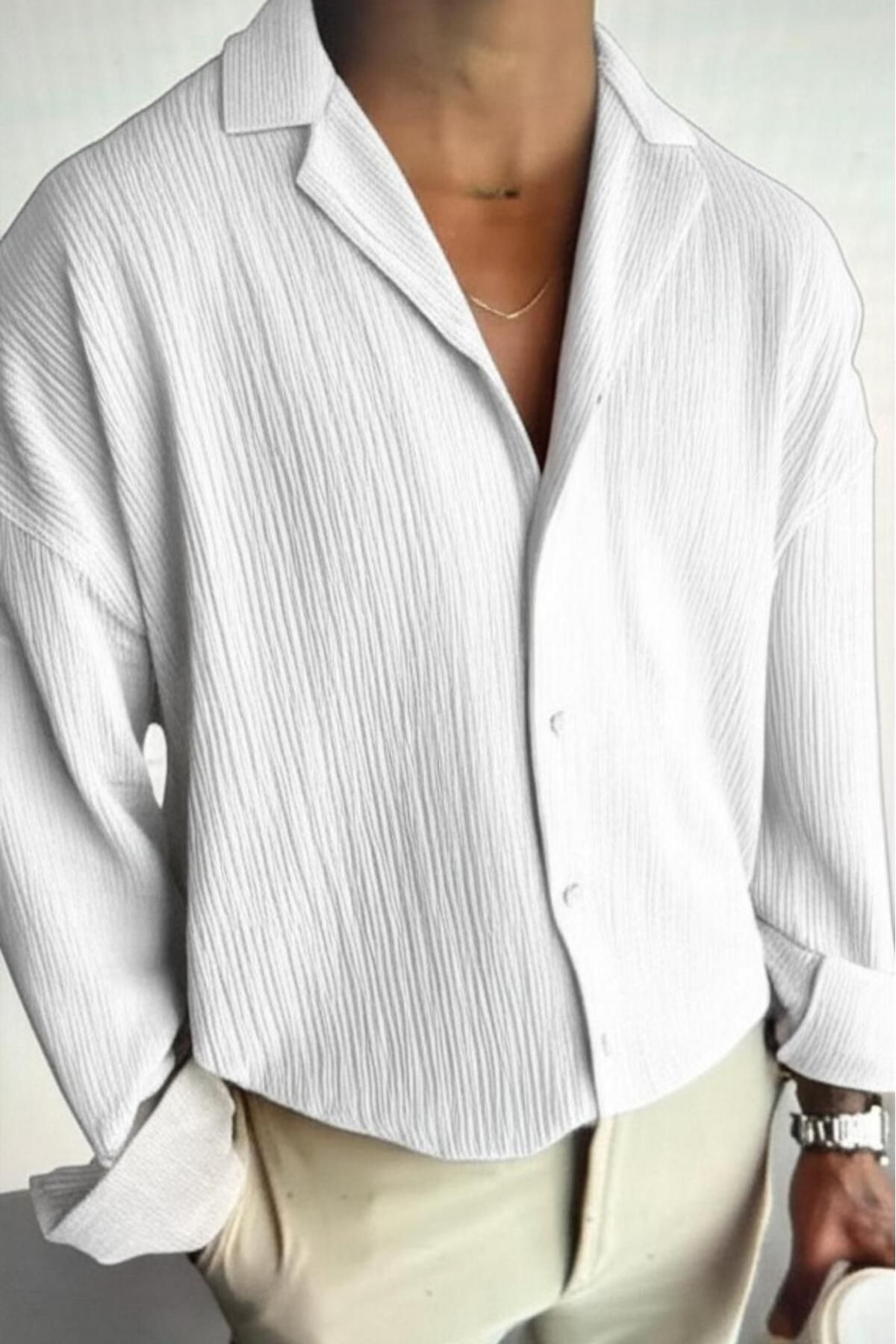 NO 601 Erkek Beyaz Oversize Bürümcük Kumaş Gömlek