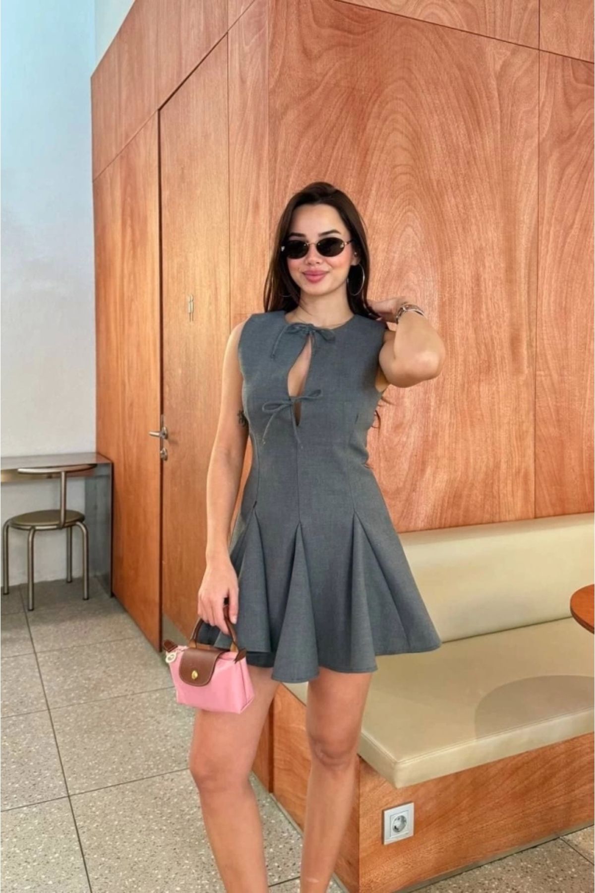 nedo7 Bağcık Detaylı Kolsuz Mini Elbise - Antrasit