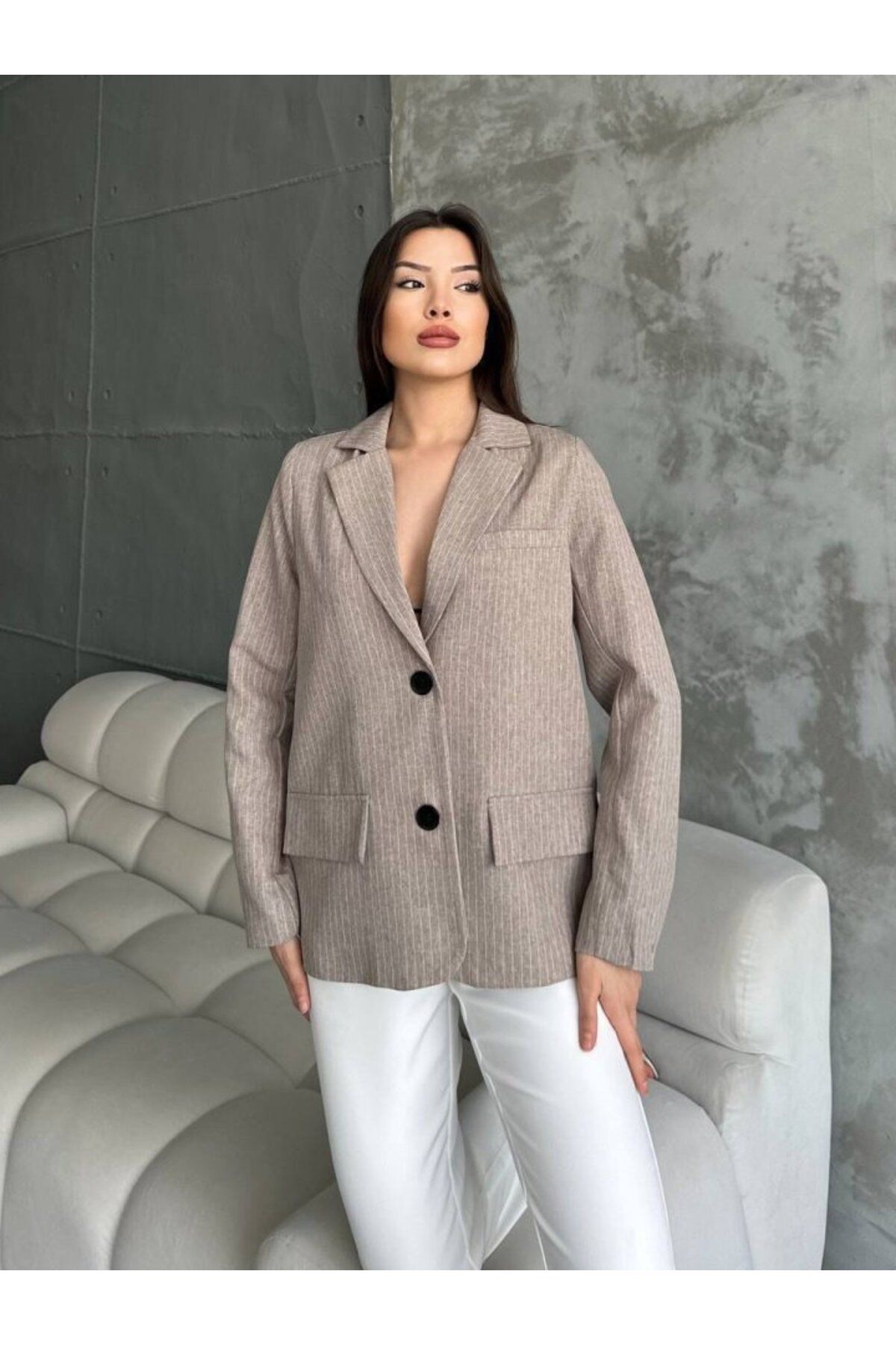 1001moda Çizgi Desenli Ceket
