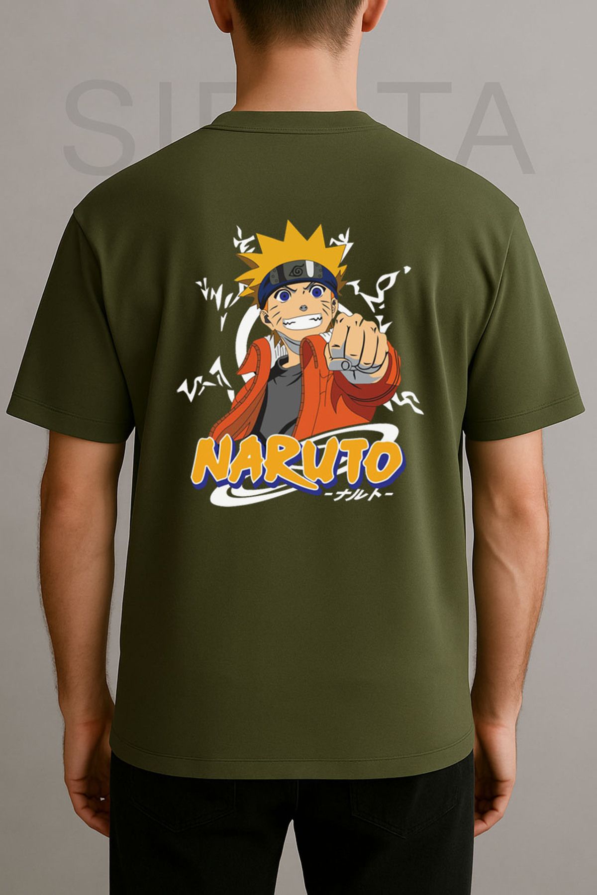 sielta Anime Naruto Uzumaki Baskılı Bisiklet Yaka Oversize Yeşil Tişört T-shirt