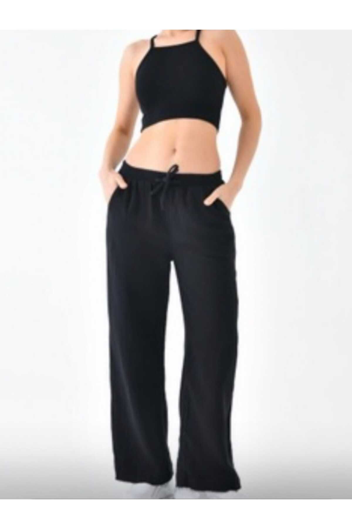 MODA Kadın Beli Lastikli Bol Paça Müslin Keten Pantolon
