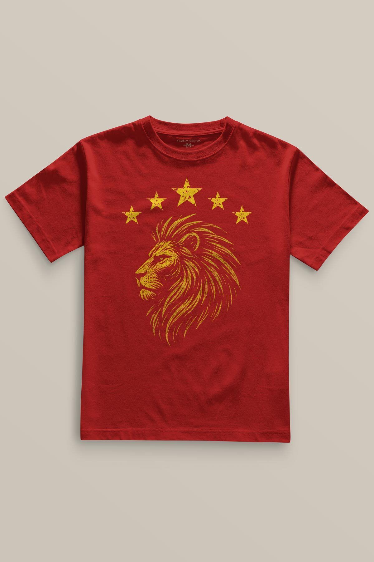 Kendim Seçtim Aslan Sarı Kırmızı Şampiyon Beş Yıldız Baskılı T-shirt Unisex Kırmızı Tişört 5 Yıldız