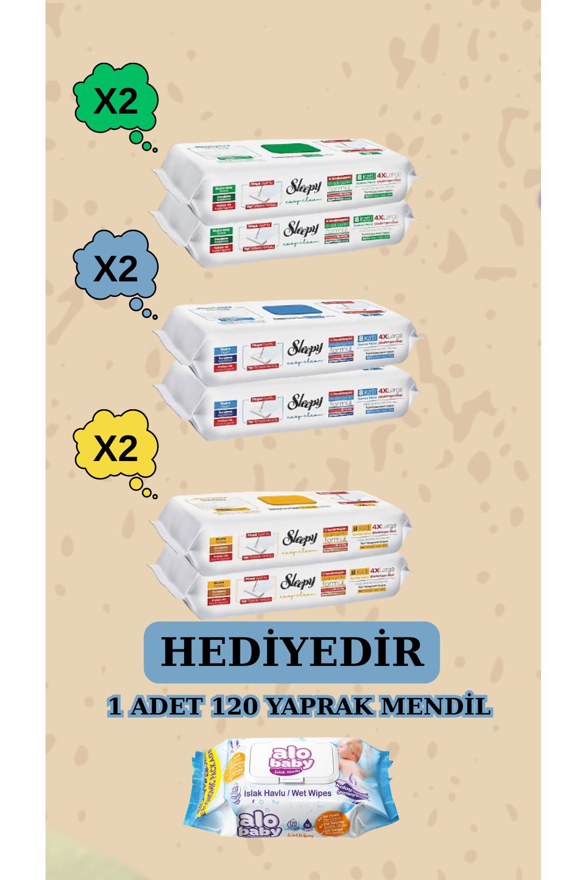Sleepy Mop Beyaz Sabun 2 Paket Çamaşır Suyu 2 Paket Arap Sabun 2 Paket (300 Yaprak)