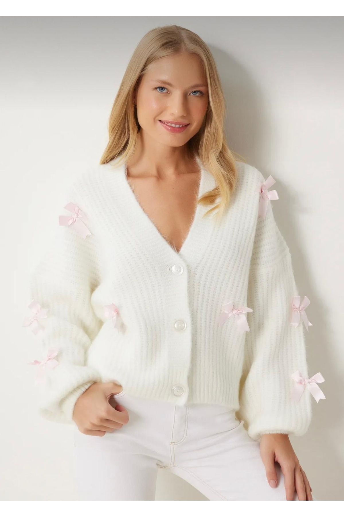 FLEX FASHION fiyonk detaylı Oversize Triko Hırka ekru